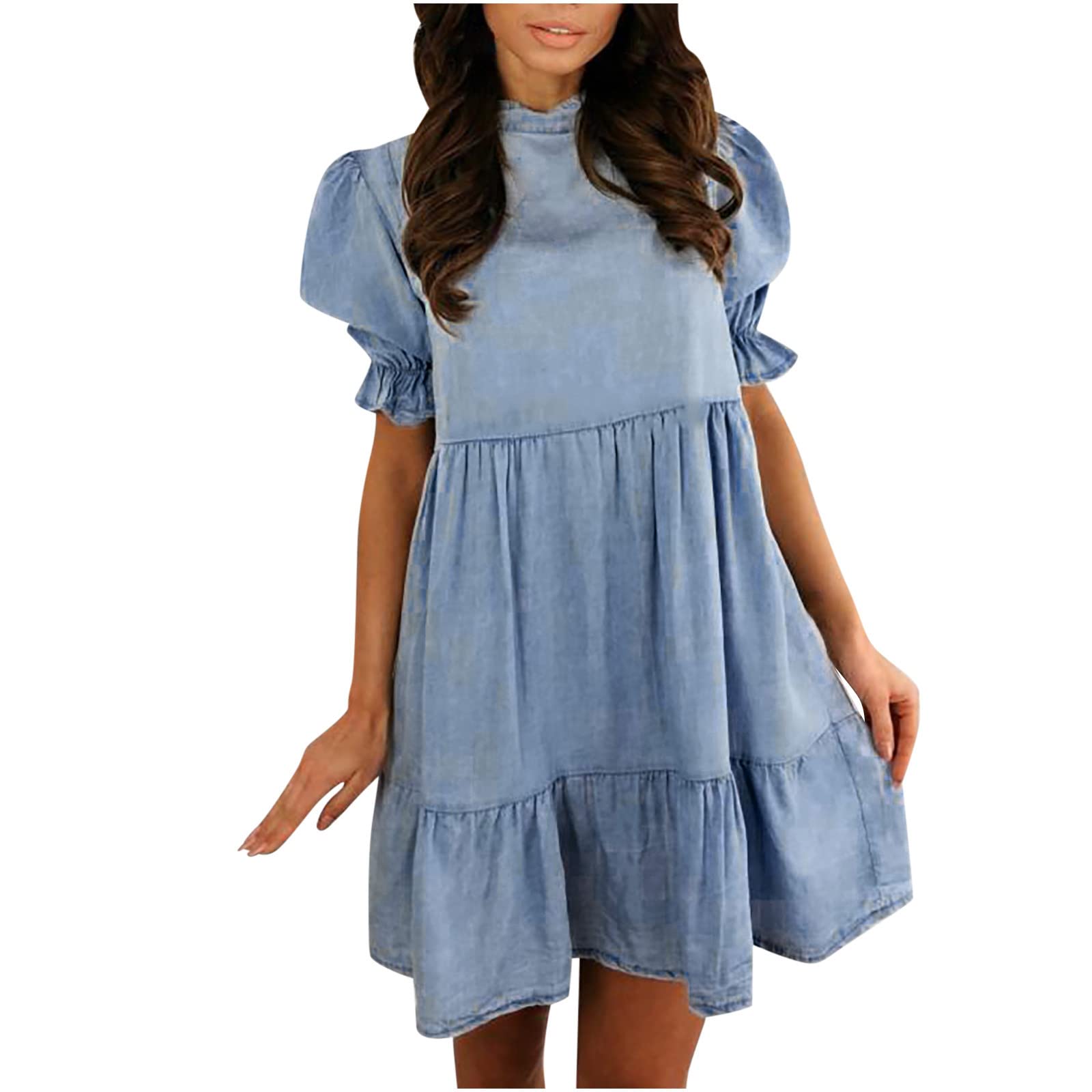 FengLS Women's Denim Dress - Short Sleeve Round Neck Pleated Mini Dress for Summer | Casual Outfit for Brunch, Date Night & Weekend Wear