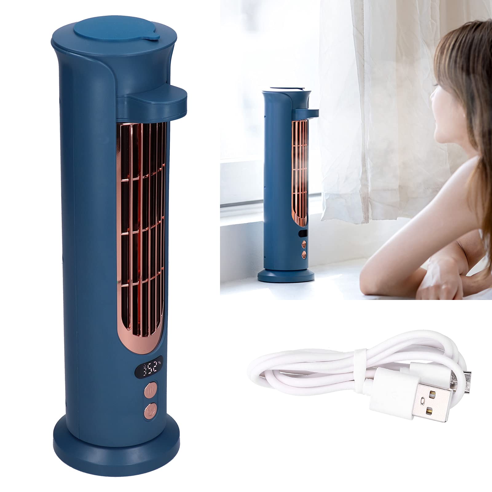 Portable USB Air Cooler Fan with Oscillation - Evaporative Cooling Tower Fan for Bedroom, Office & Living Room | Auto Head-Shaking Design, Blue Leaning Tower Style | Perfect for Home, Workspace & Summer Use