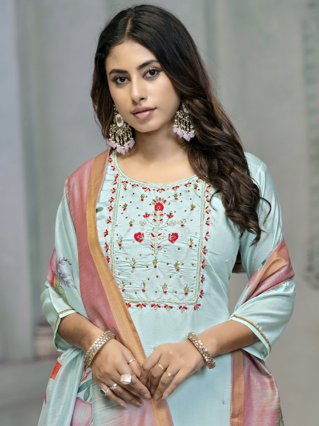 Blue Designer Ready-Made Pant Suit with Printed Embroidery Work - Elegant Women's Formal Wear for Weddings, Parties & Office Events