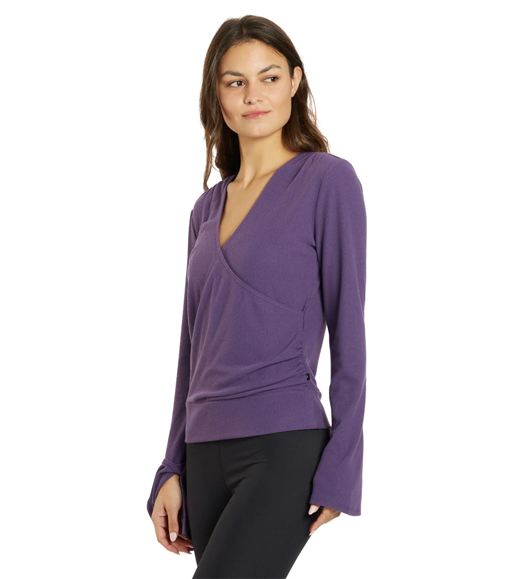 Thrive Société Women's Pleated Wrap Pullover Sweater - Loganberry Purple | Casual Chic Knit Top for Work, Dates & Fall Layering