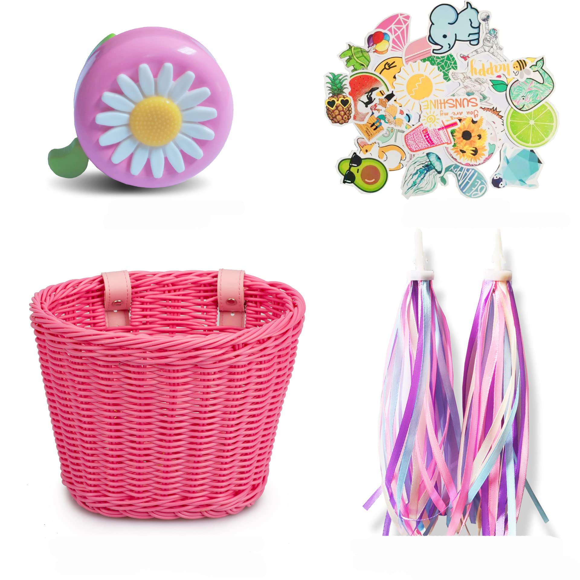 Girls' Front Bike Basket - Small Woven Wicker Cruiser Bicycle Basket with Handlebar Streamers & Bell - Kids Bike Accessories for Boys & Girls Ages 3-13 - Perfect for School, Park Rides & Family Cycling Adventures