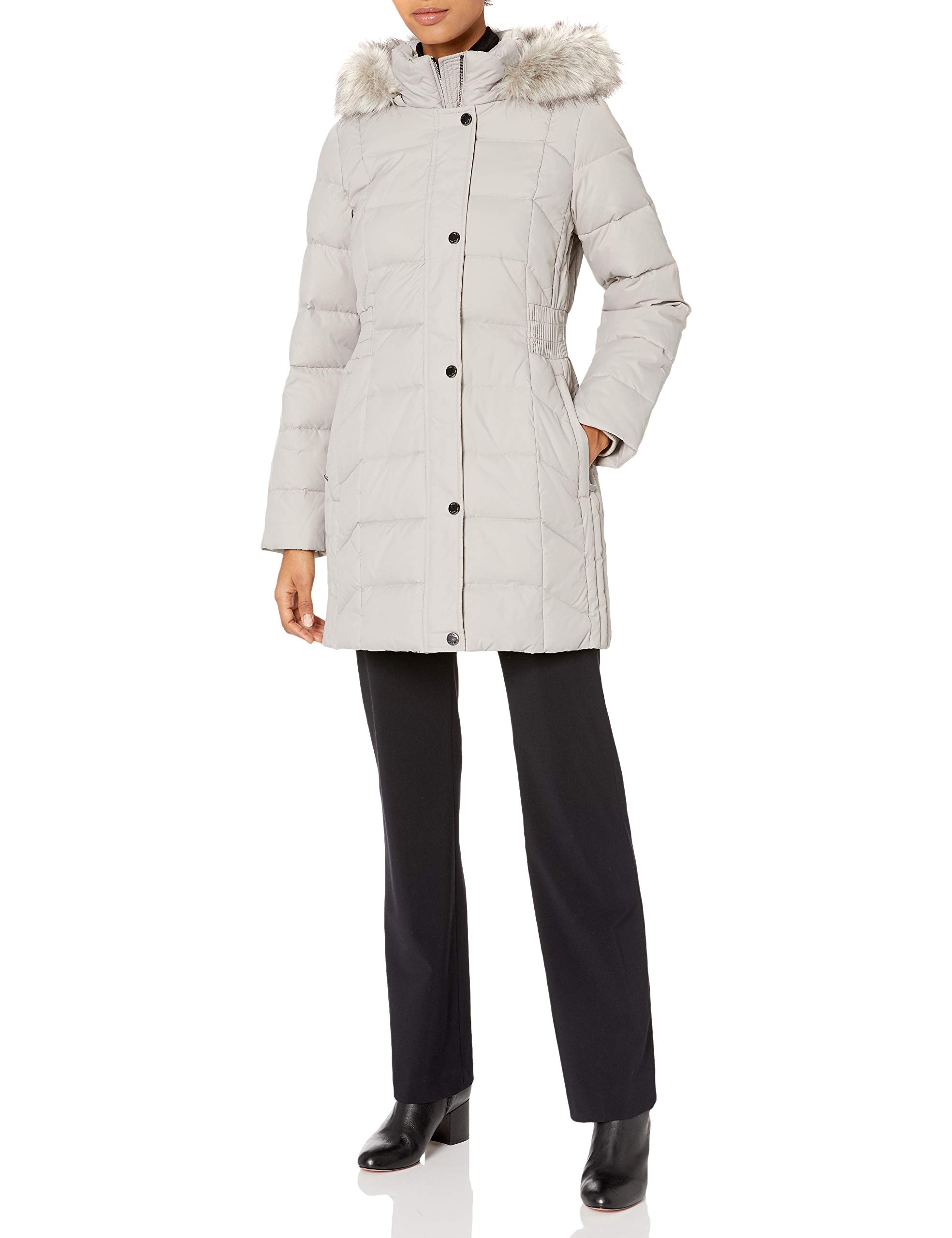 Anne Klein Women's Hooded Quilted Puffer Coat with Elastic Waist - Winter Warm Jacket for Casual Outings & Outdoor Activities