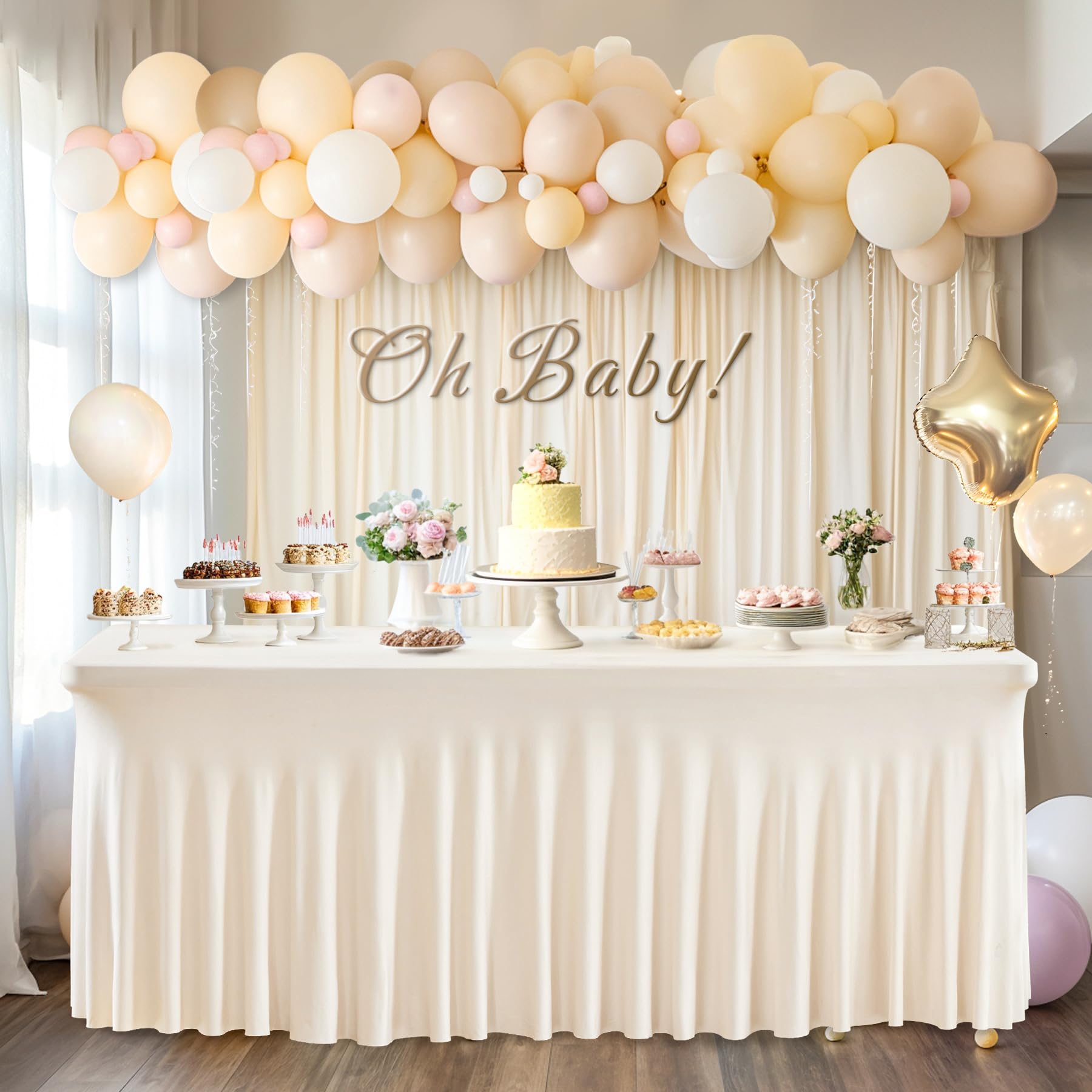 PARTISKY Pearled Ivory Spandex Table Skirt - Stretchable Folding Table Cover for 4ft Rectangle Tables - Perfect for Weddings, Birthday Parties, Banquets & Baby Showers - Elegant Table Decor for Special Events & Home Dining