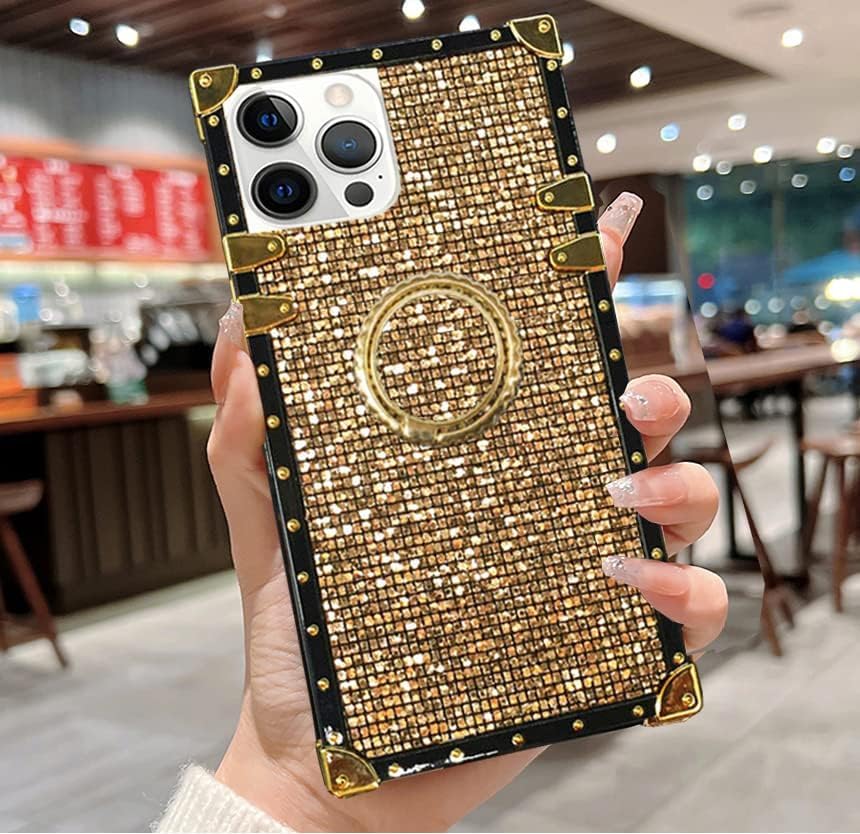 Luxury Glitter Bling Case for iPhone 12/12 Pro - Elegant Gold Trunk Box Design with Soft TPU Cover & Finger Ring Grip Kickstand | Perfect Cute Phone Skin for Women & Girls | Ideal for Parties, Dating & Everyday Use