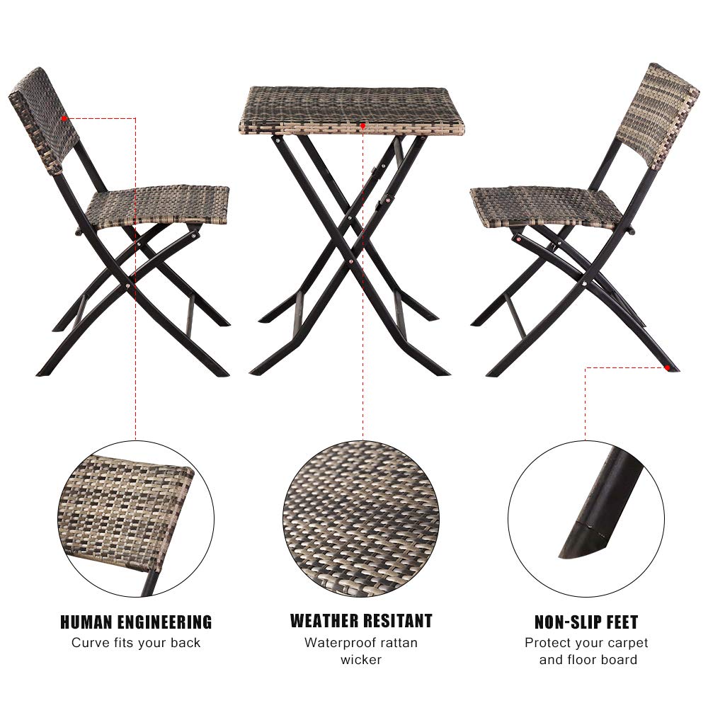 Ochine 3-Piece Rattan Wicker Folding Dining Table Set - Outdoor Patio Furniture for Garden, Backyard, Balcony | Weather-Resistant Bistro Set for Entertaining (Ships from USA)