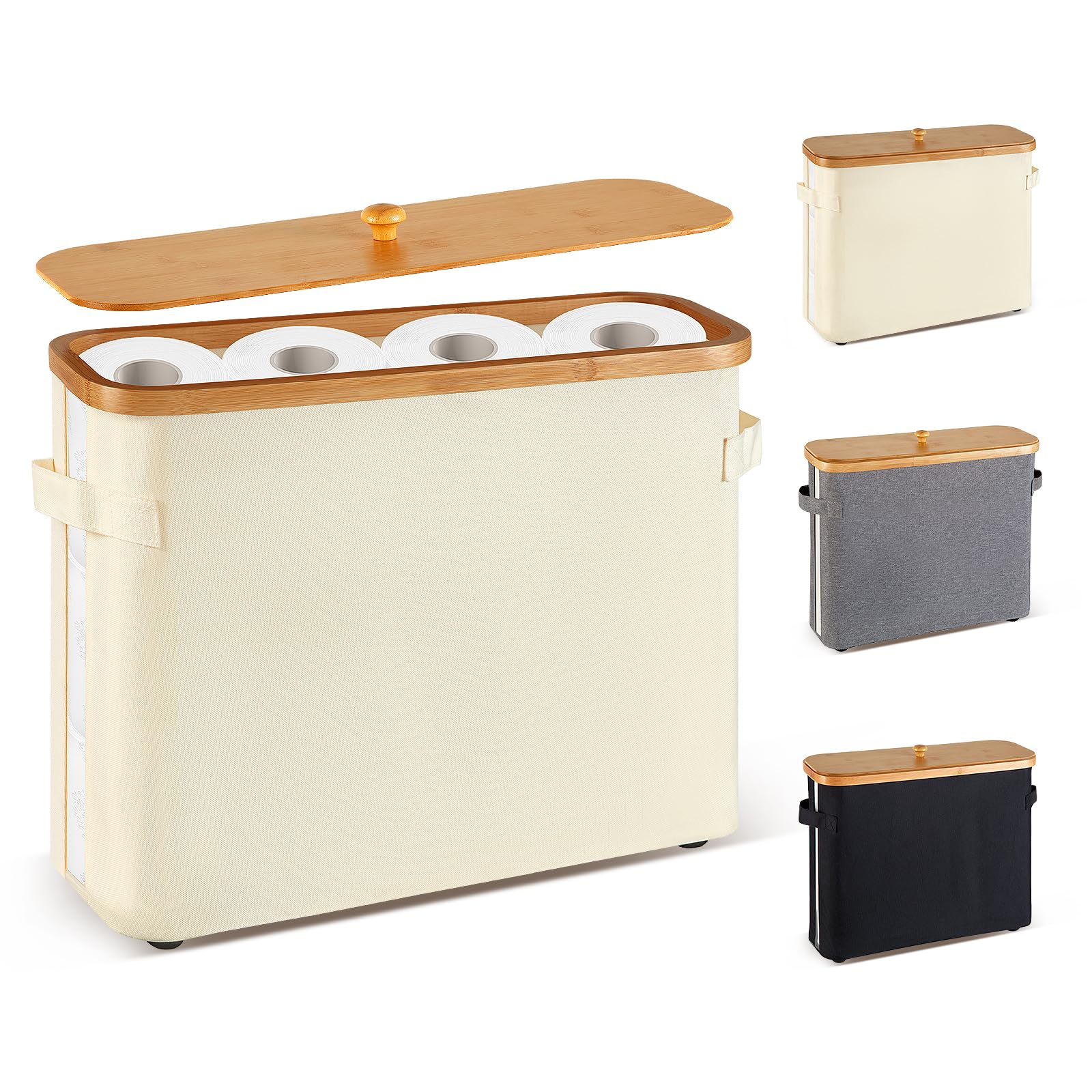 Bamboo Collapsible Toilet Paper Holder with Lid & Handle - Bathroom Storage Basket for Extra Toilet Rolls, Non-Slip Bottom, Beige - Perfect for Small Bathrooms, RVs & Space-Saving Organization