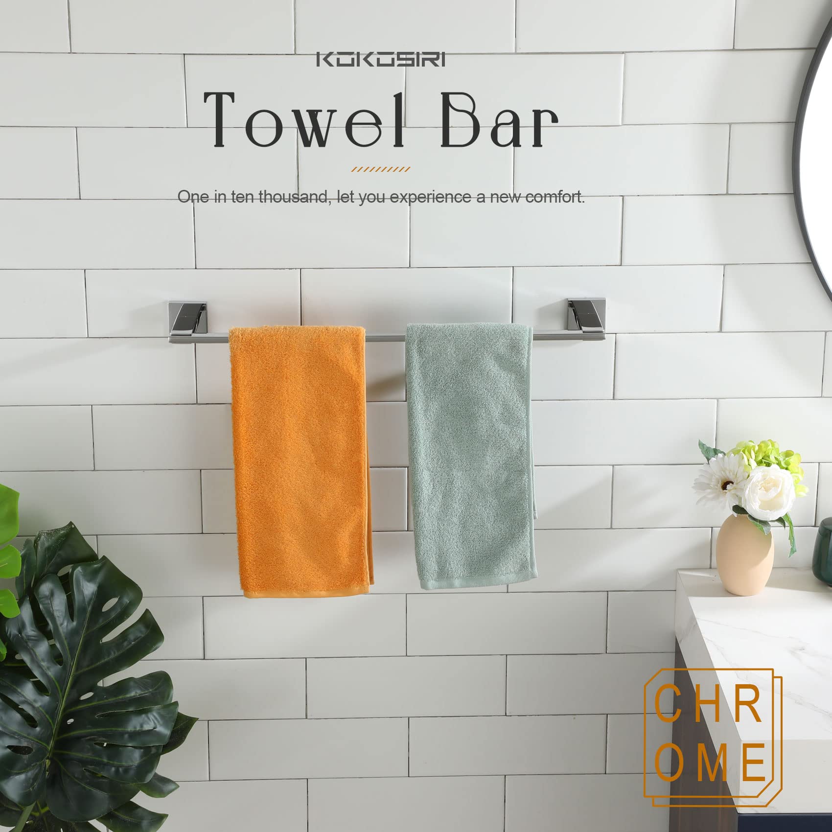 KOKOSIRI 24 Inch Polished Stainless Steel Wall Mounted Towel Bar - Chrome Bathroom Hardware for Kitchen & Toilet, Durable Necklace Holder (Model B4006CH-L24) | Perfect for Modern Bathrooms, Spa Settings & Luxury Home Decor