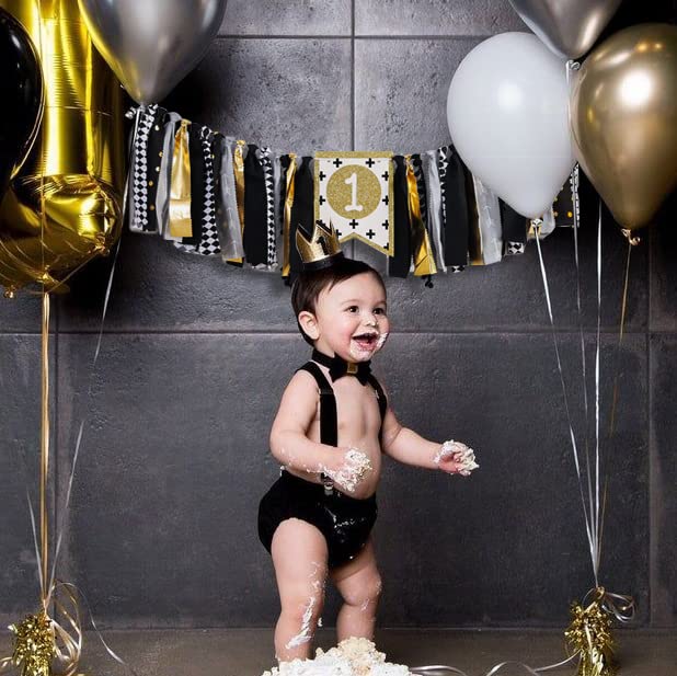 Wild One 1st Birthday Highchair Banner - Black & Gold Baby Birthday Decorations for Kids Party, Photo Booth Props & Party Supplies | Perfect for 1st Birthday Celebrations, Cake Smash Photos & Nursery Decor