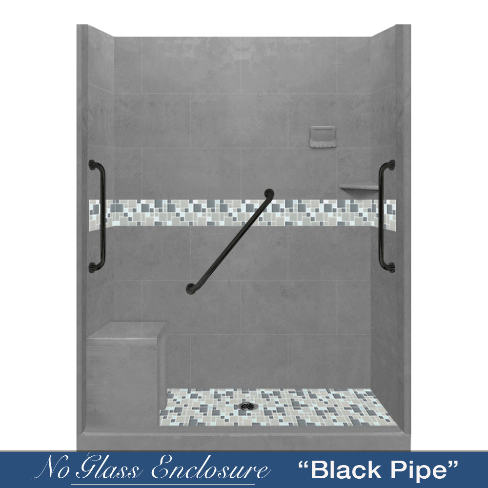 Freedom 60 Alcove Wet Cement Sistine Stone & Del Mar Mosaic DIY Shower Remodel Kit - Waterproof Bathroom Tile Backsplash for Shower Walls, Floors, and Bathtub Surrounds