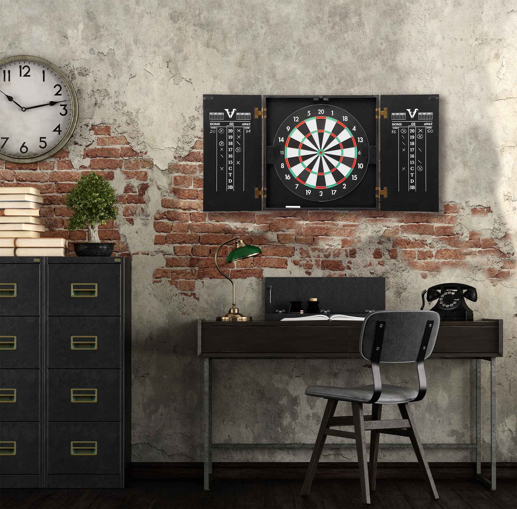 THOUSAND OAKS BARREL CO. Personalized Dartboard Cabinet Set with 6 Steel Tip Darts - Professional Bristle Dart Board for Adults - Includes Eraser & Chalk Scoreboard - Perfect for Game Rooms, Bars, and Home Entertainment