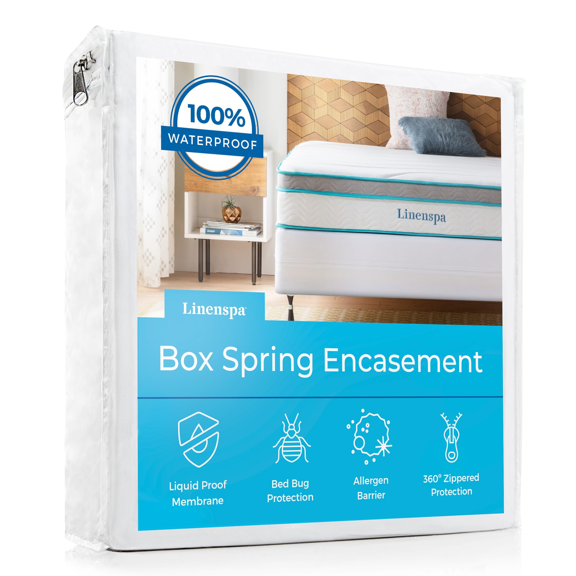 Linenspa Full Size Box Spring Encasement - Waterproof Mattress Protector with Zipper for Complete Bed Bug & Dust Mite Protection - Ideal for Allergy Sufferers & Home Use (White)