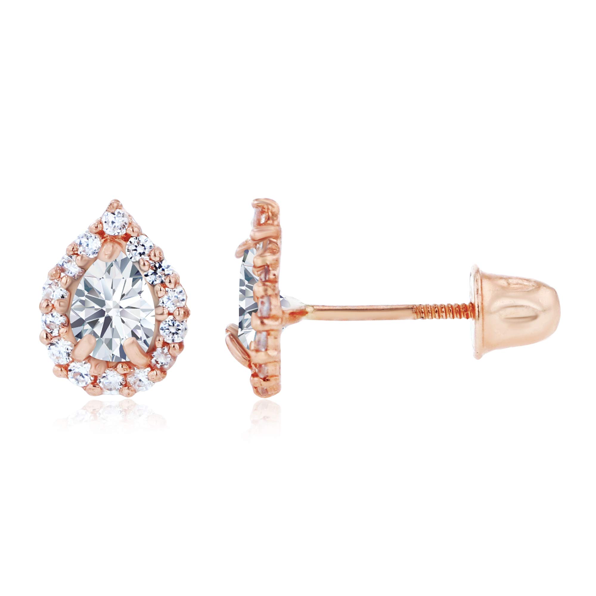 14K Solid Gold Pear Shaped Natural Birthstone Screwback Stud Earrings for Women | 7x5mm & 4x3mm Pear Cut Earrings | 1mm Created White Sapphire Halo Earrings | Perfect for Birthdays, Anniversaries & Special Occasions