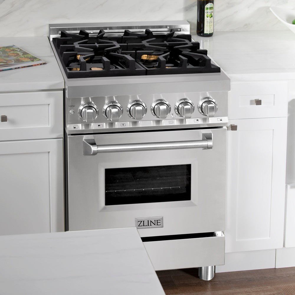 ZLINE 24-inch 2.8 cu. ft. Stainless Steel Dual Fuel Range - Gas Cooktop & Electric Convection Oven with 4 Brass Burners (RA BR 24) | Perfect for Modern Kitchens & Professional Cooking