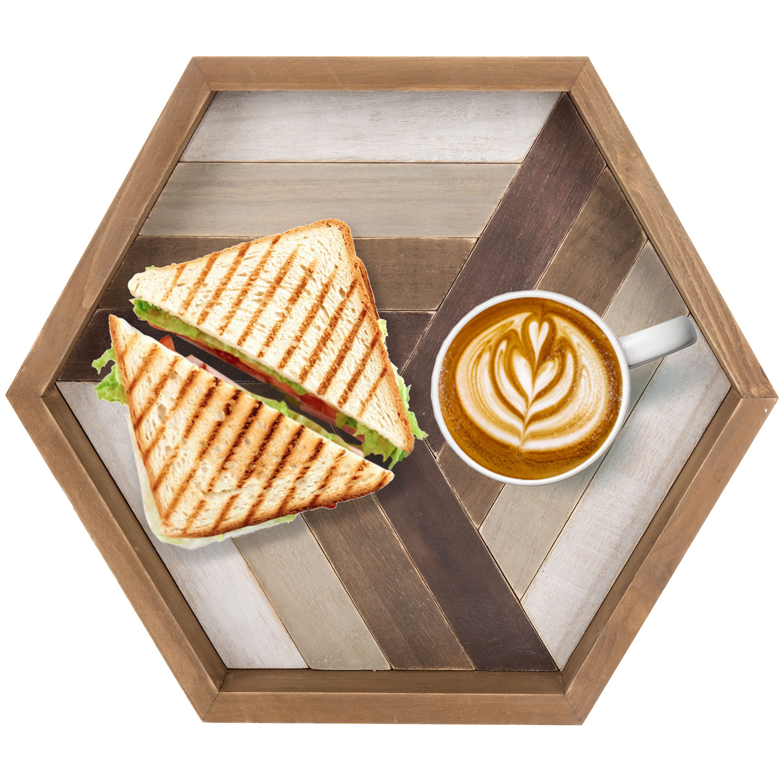 MyGift 12 Inch Rustic Wood Serving Tray with Geometric Chevron Design - Decorative Ottoman Coffee Table Tray for Living Room, Bedroom & Home Decor
