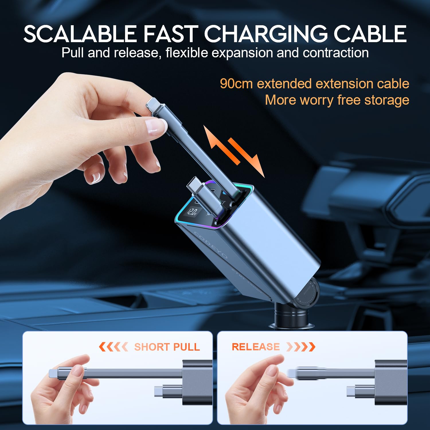146W 4-in-1 Retractable Fast Car Charger with RGB Light & 2.9ft Cord - PD 65W & 30W USB-C Car Charger for iPhone 16/15/14/13/12, Android, Laptop (Gray) - Perfect for Road Trips, Commuting & Multi-Device Charging On-The-Go