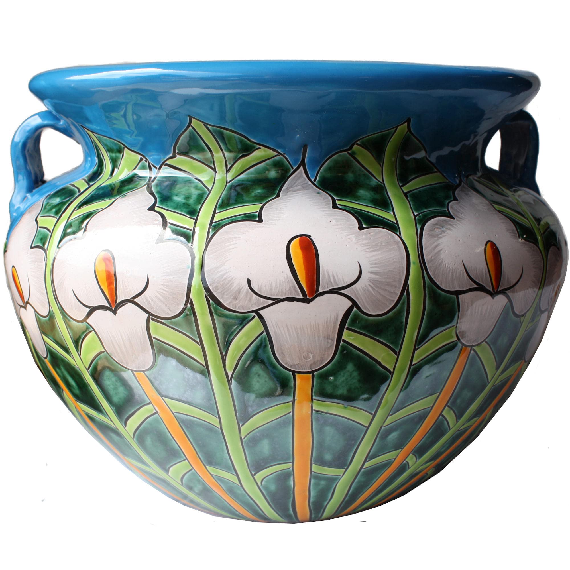 Vibrant Mexican Talavera Ceramic Garden Pot - Large Aqua Lily Design for Indoor & Outdoor Plants | Perfect for Patios, Gardens, and Home Decor