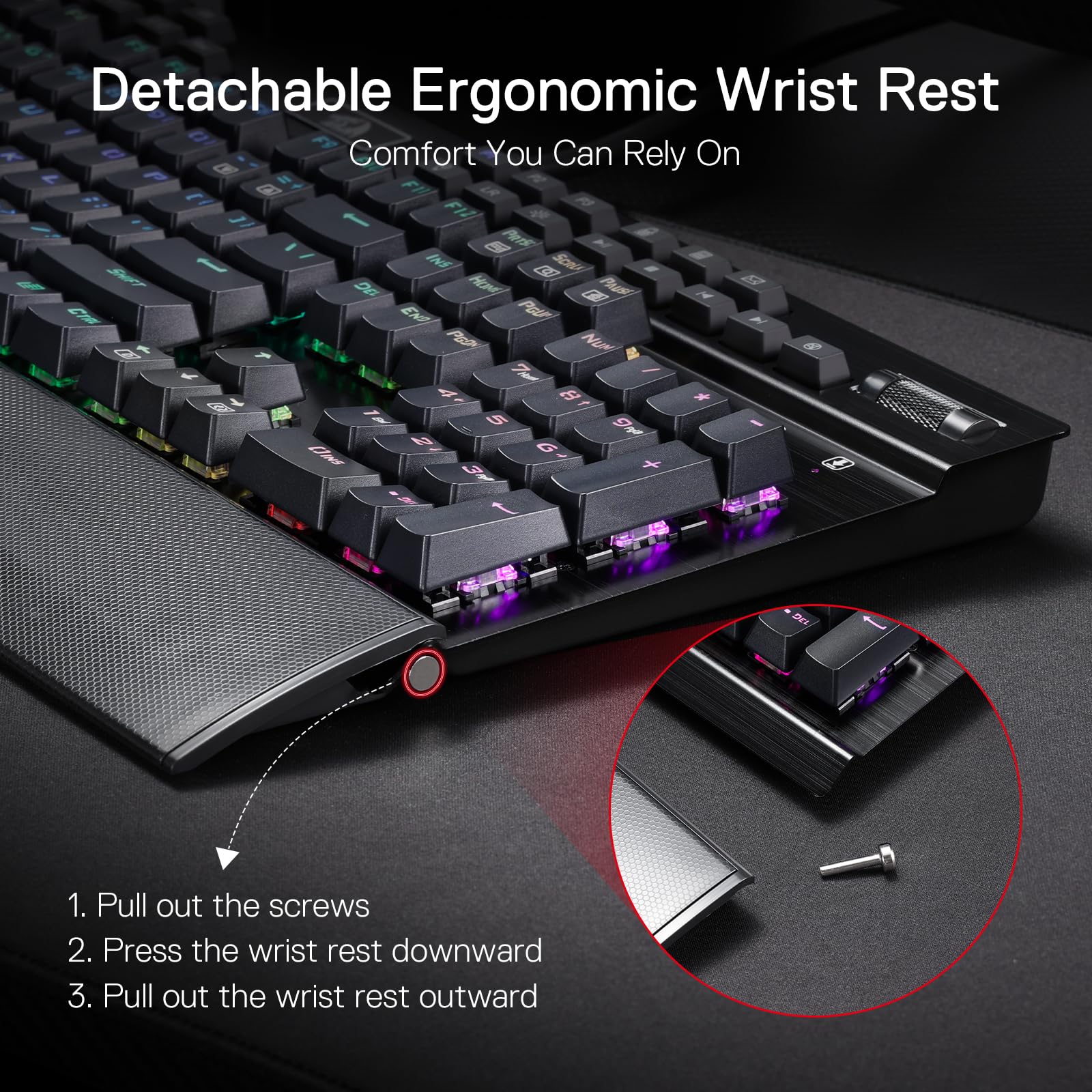 Redragon K550 RGB Gaming Keyboard - 104 Key Mechanical Keyboard with 12 Macro G Keys, Aluminum Top Plate, Clicky Purple Switches, USB Port & Wrist Rest - Perfect for PC Gaming, Esports & Office Work