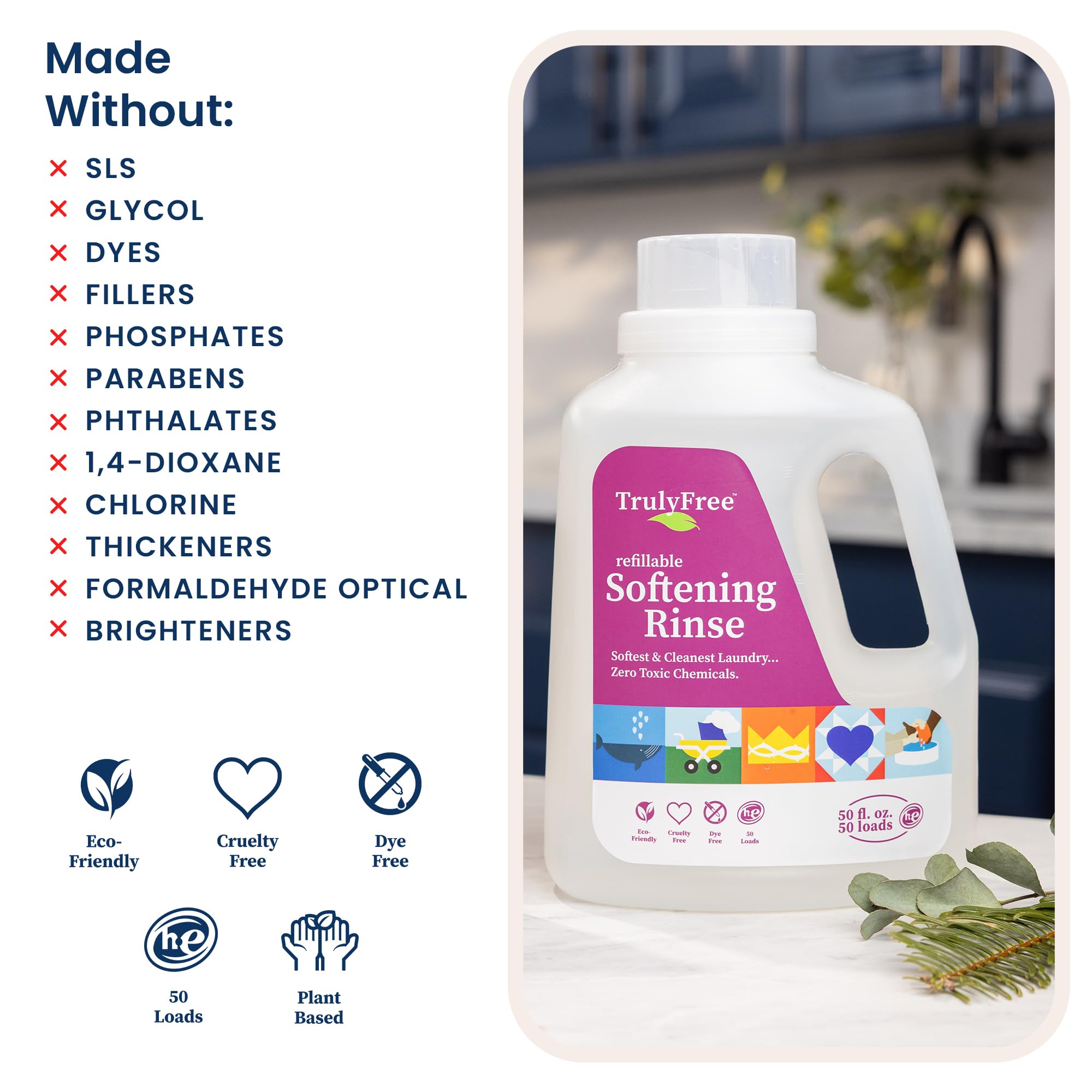 Truly Free Fabric Softener for Clothes | Hypoallergenic & Plant-Based Laundry Conditioner | Safe for Sensitive Skin, Babies & Kids | Includes 50oz Refillable Bottle with Measuring Cap | Unscented, 50 Loads | Perfect for Eco-Friendly & Gentle Fabric Care in Daily Laundry