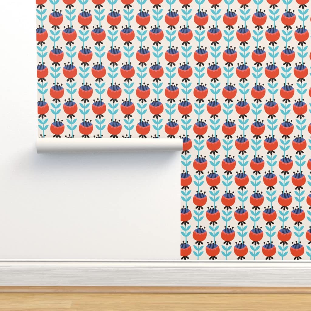 Removable Wallpaper 9ft x 2ft - Cat Tea Party Tulips Floral Design in Blue & Red | Pre-Pasted Peel & Stick Wallpaper by Spoonflower | Perfect for Nursery, Bedroom, or Home Office Decor