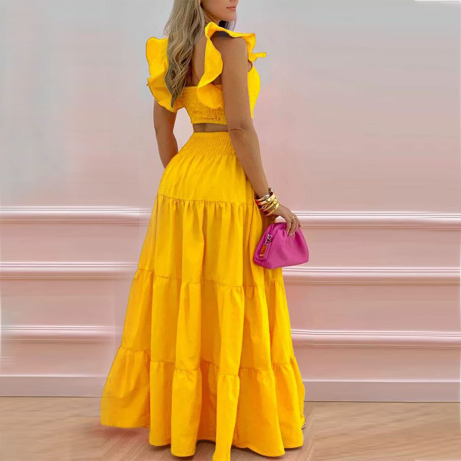 2 Piece Skirt Sets for Women - Summer Fashion Outfits with Ruffle Shoulder Straps & Sleeveless Crop Tops + A-Line Maxi Skirts | Beach Vacation, Date Night, Casual Wear
