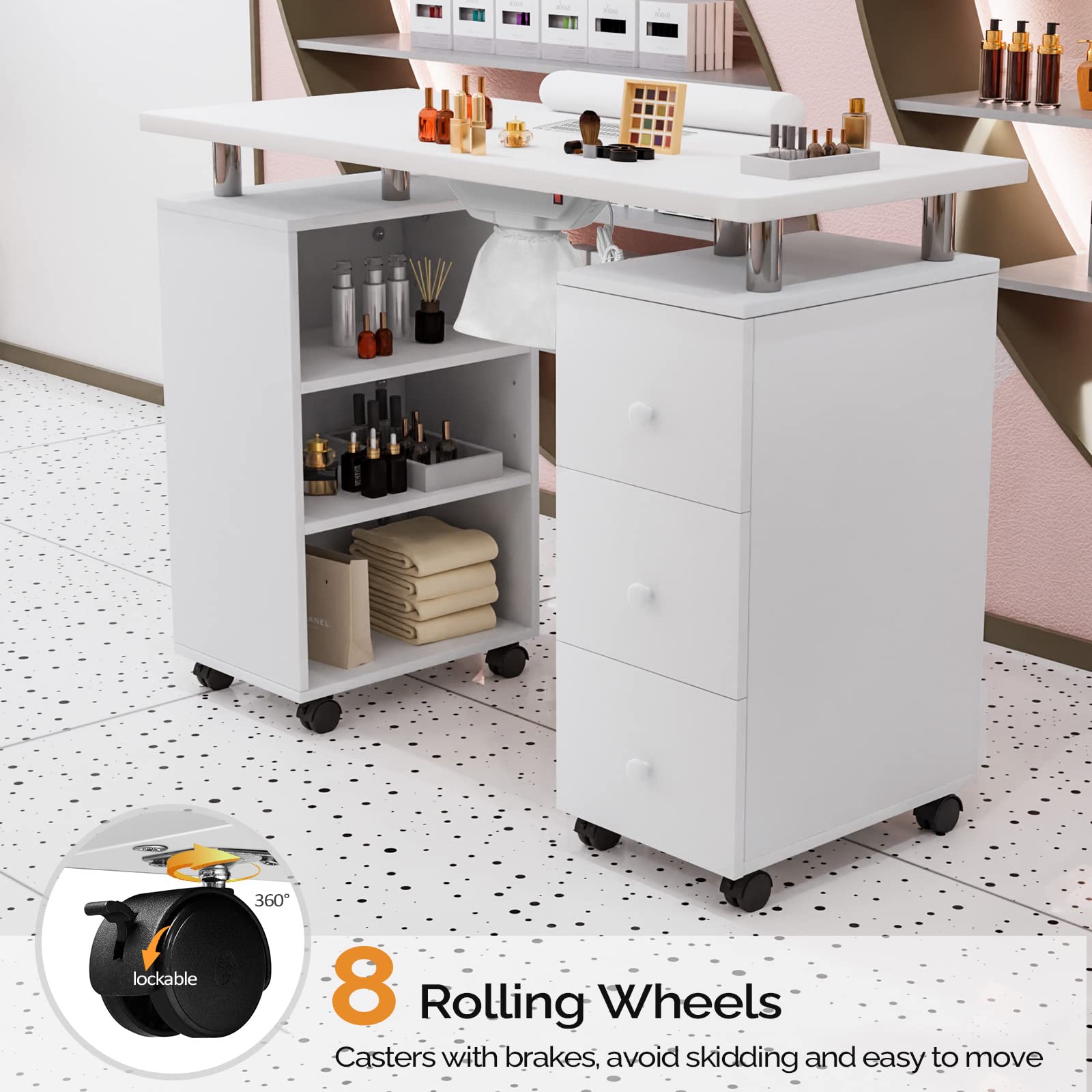 **OmySalon Professional Manicure Table with Electric Downdraft Ventilation - Adjustable Nail Tech Station for Beauty Salons, Includes Lockable Wheels, Wrist Cushion & Storage Shelves - Perfect for Nail Artists & Spa Professionals**    *(Use Cases: Ideal for nail salons, home studios, spa centers, and professional nail technicians seeking a hygienic and efficient workspace.)*