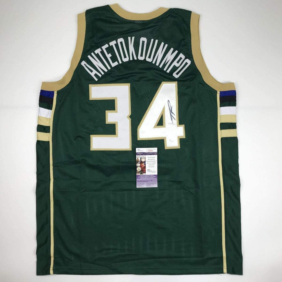 Authentic Giannis Antetokounmpo Signed Milwaukee Bucks Green Basketball Jersey with JSA Certificate - Perfect for Collectors, Fans, and Sports Memorabilia Displays