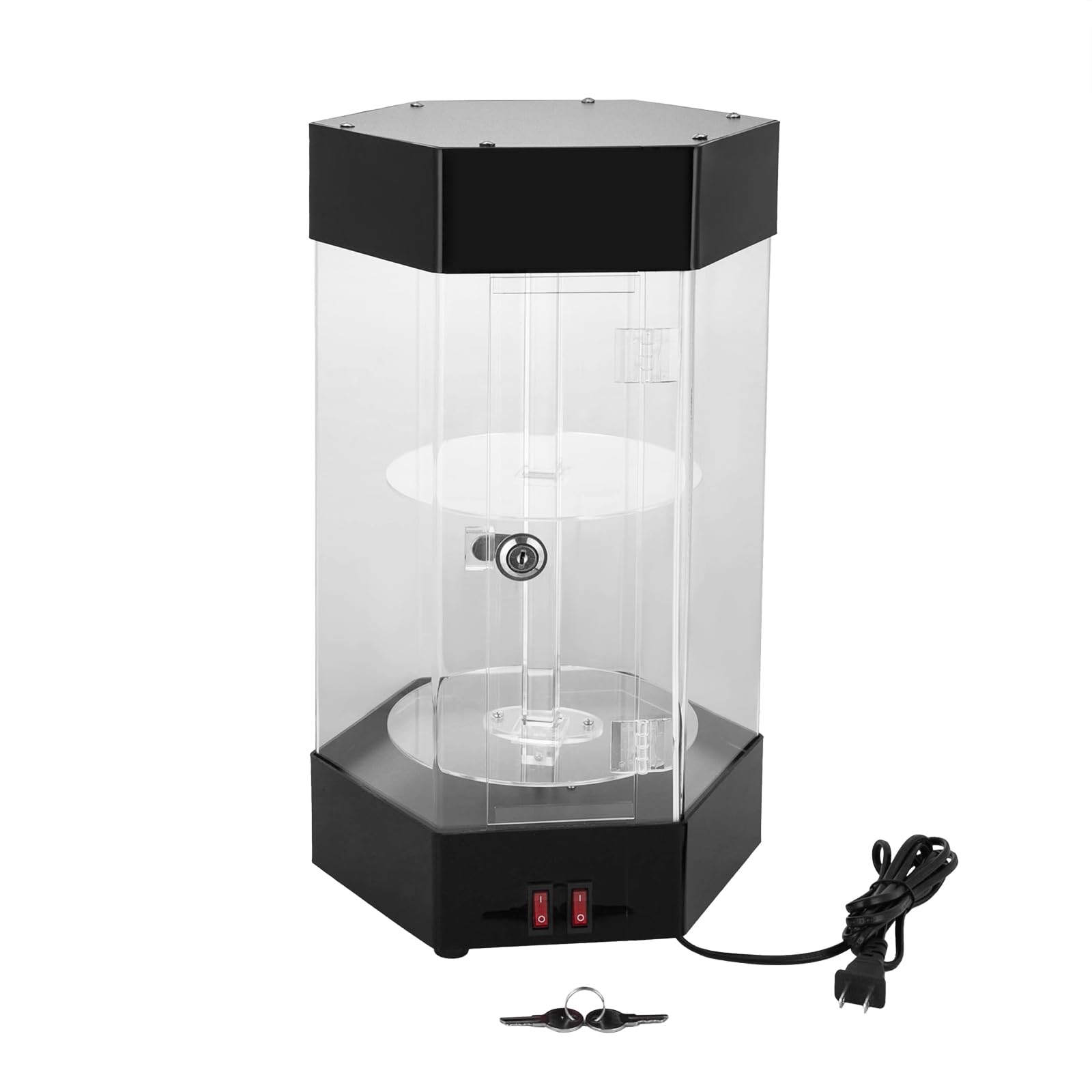 360° Rotating LED Acrylic Display Case with Lock & Keys - 2-Tier Electric Jewelry Showcase for Watches, Sunglasses & Cosmetics | Perfect for Retail Stores, Boutiques and Trade Show Displays