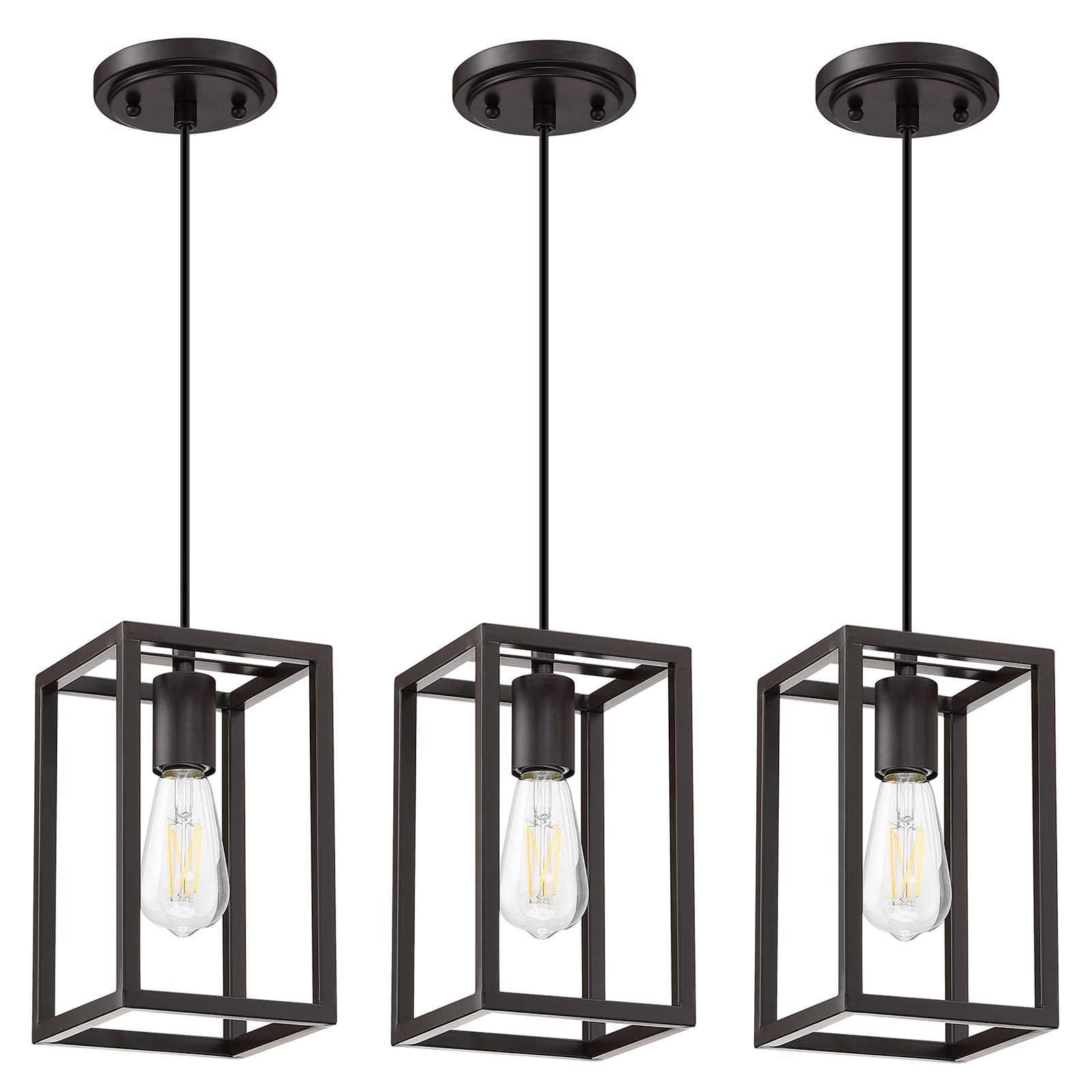 3 Pack Adjustable Rustic Farmhouse Pendant Lights - Metal Cage Mini Hanging Light Fixtures for Kitchen Island, Dining Room, Cafe & Bar - Oil Rubbed Bronze Finish - Perfect for Home Decor & Commercial Spaces