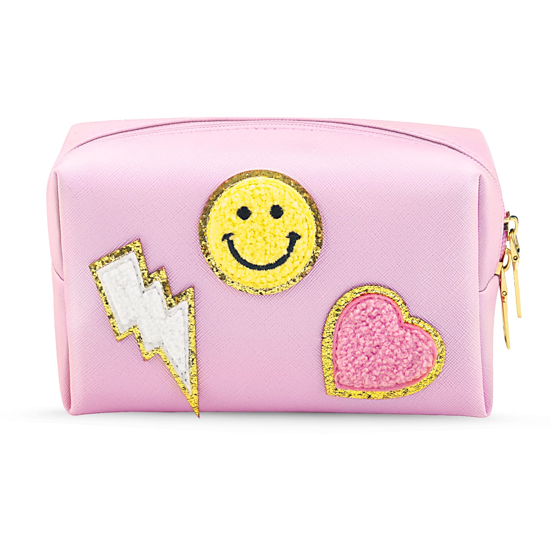 URBANITE Preppy Patch Makeup Bag - Cute Small Cosmetic & Toiletry Pouch for Women | PU Leather Waterproof Travel Organizer with Smile Lightning Heart Design | Perfect Gift for Girls (Pink) | Great for Daily Use, Travel, and Gifting