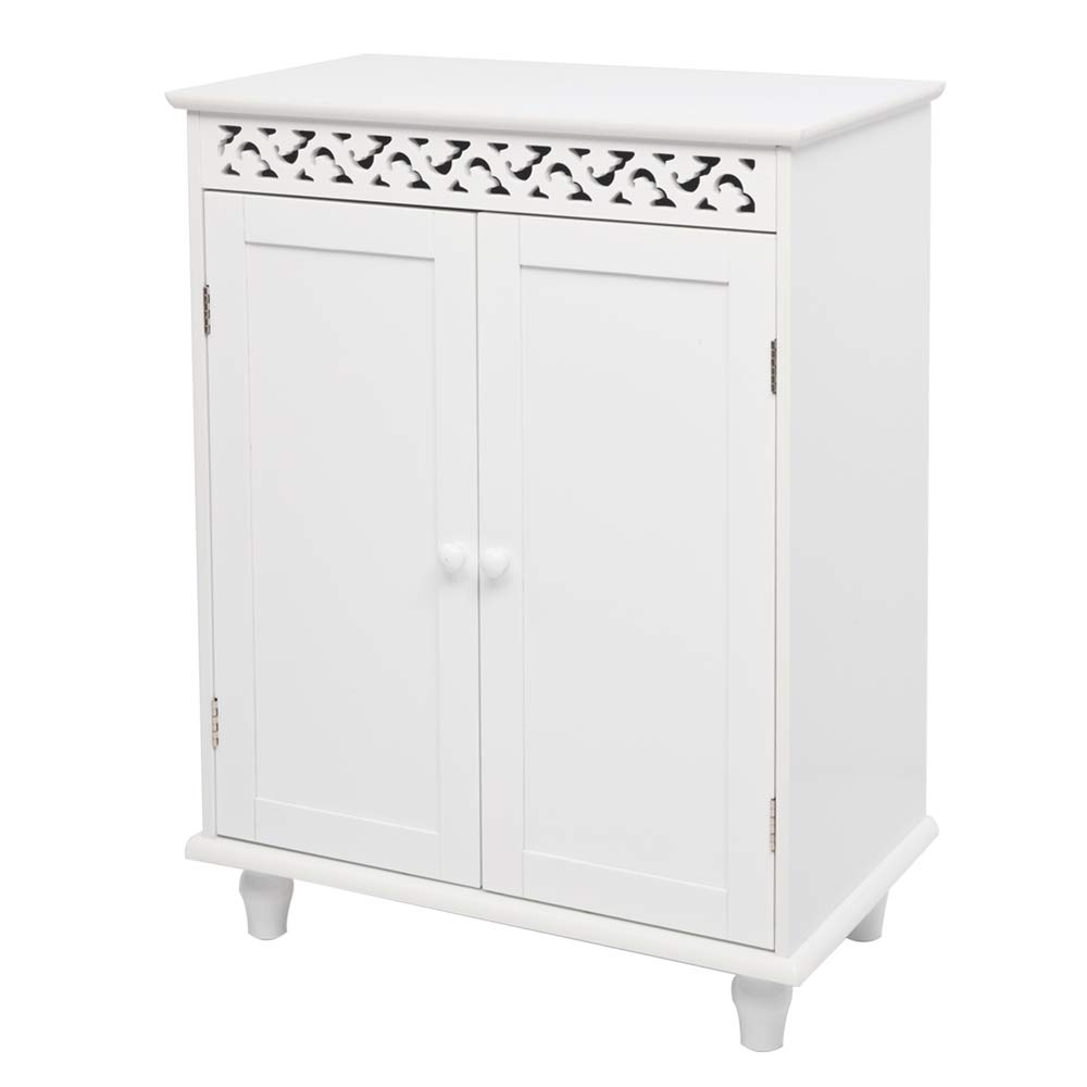 White Carved Double Door Bathroom Floor Cabinet with Adjustable Shelves - Bathroom Storage Organizer for Towels, Toiletries & Cleaning Supplies