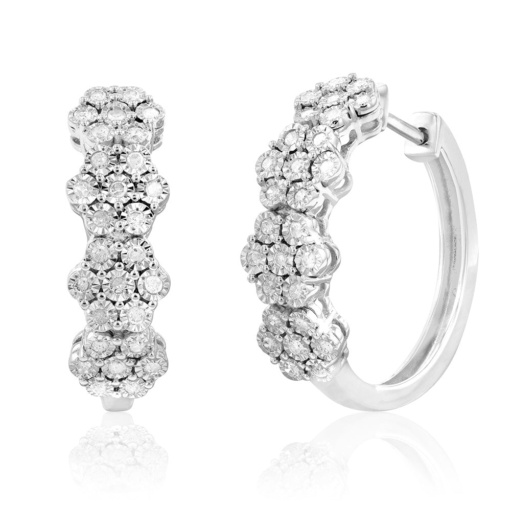 1/4 Carat Diamond Flower Hoop Earrings in Sterling Silver - Elegant Dangle Earrings for Women, Perfect for Weddings, Parties & Special Occasions