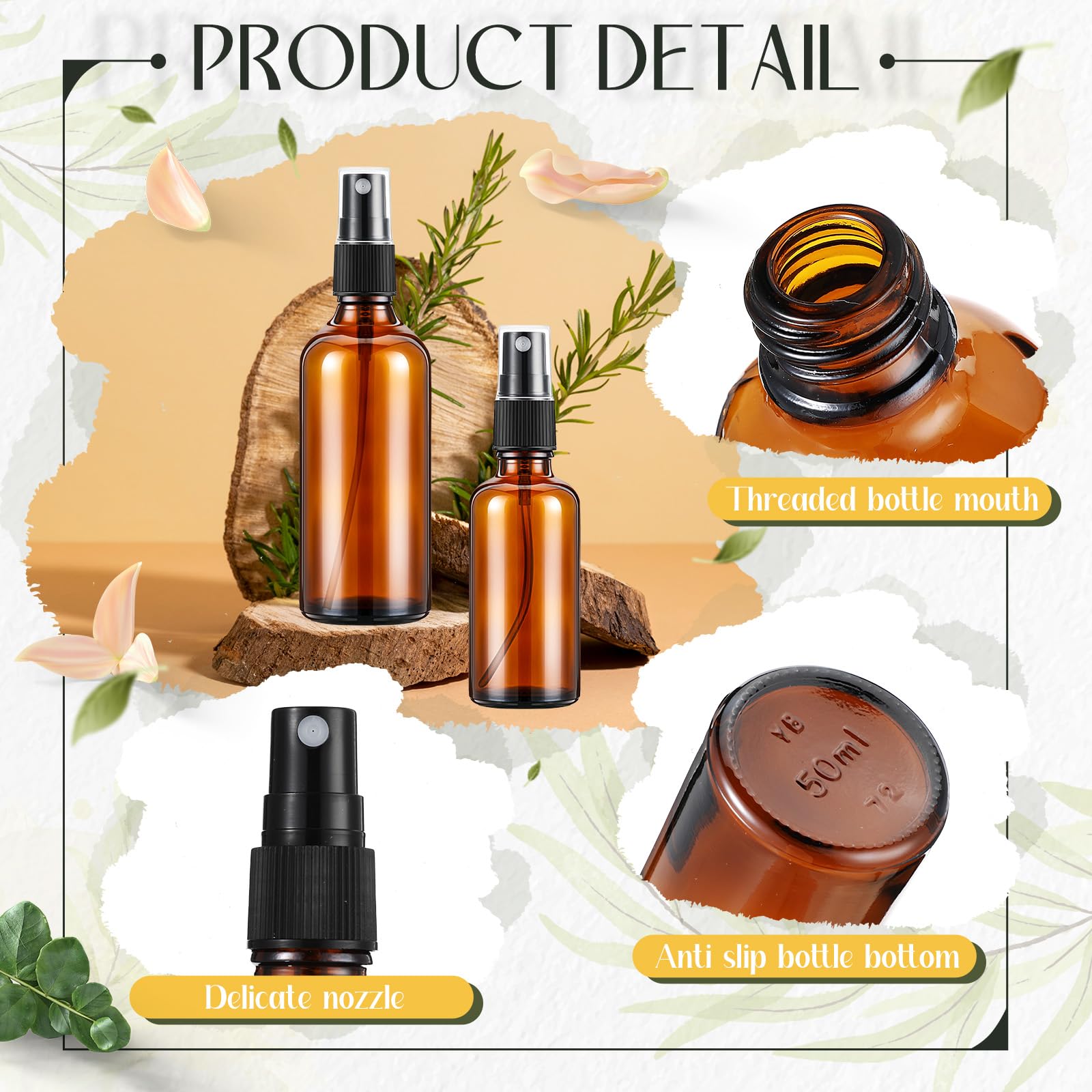 24-Pack 2oz & 4oz Amber Glass Spray Bottles - Essential Oil Bottles, Fine Mist Cosmetic Sprayers, Empty Perfume Bottles for Hair, Face, Body & Makeup - Perfect for Home, Travel & DIY Beauty Products