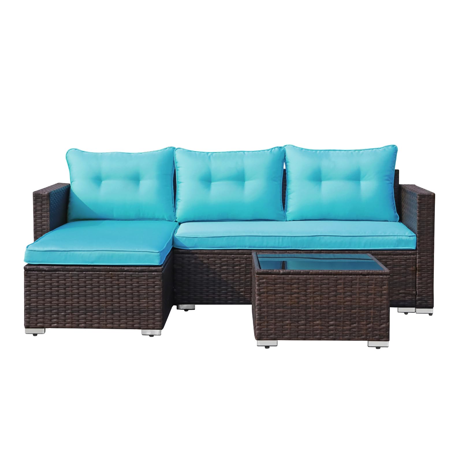 JOIVI 3-Piece Outdoor Wicker Patio Furniture Set with Tempered Glass Coffee Table - Turquoise Color, All-Weather Rattan Sofa Sectional for Garden, Poolside, and Backyard Relaxation