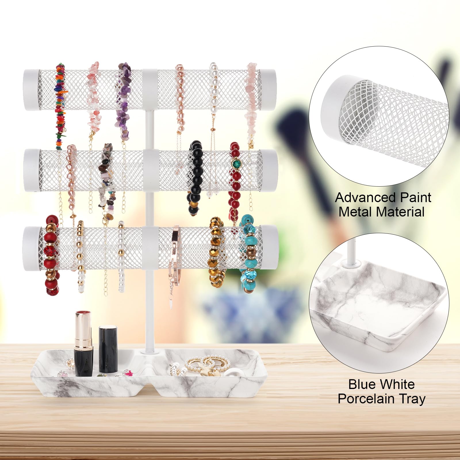 3-Tier Bracelet Holder & Jewelry Organizer Stand - Display Bracelets, Earrings, Necklaces, Watches & Scrunchies with Porcelain Ring Tray - Perfect Gift for Women - Ideal for Bedroom, Vanity & Boutique Displays