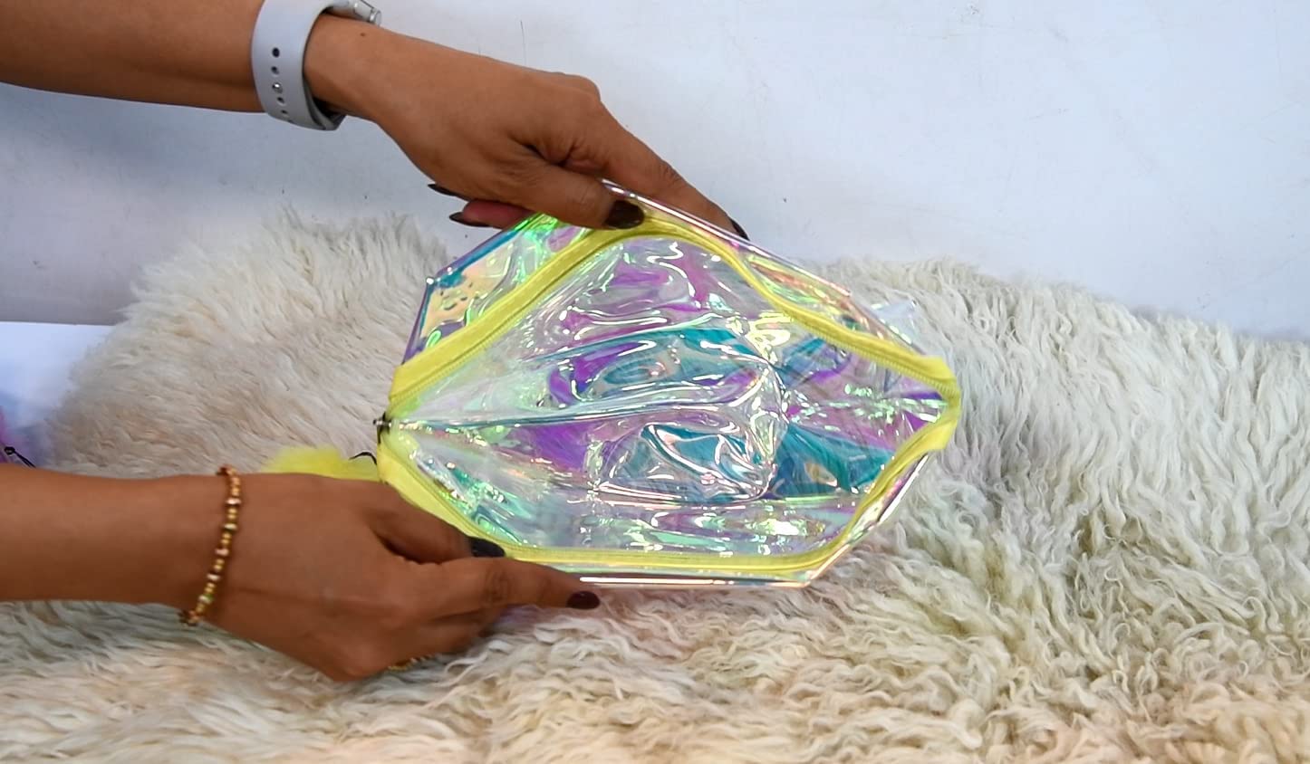VIBGYOR Gold Waterproof Clear PVC Transparent Holographic Cosmetic Bag - Makeup Pouch Travel Organizer for Women & Girls with Yellow Pom Pom - Perfect for Travel, Gym, Beach & Daily Essentials Storage