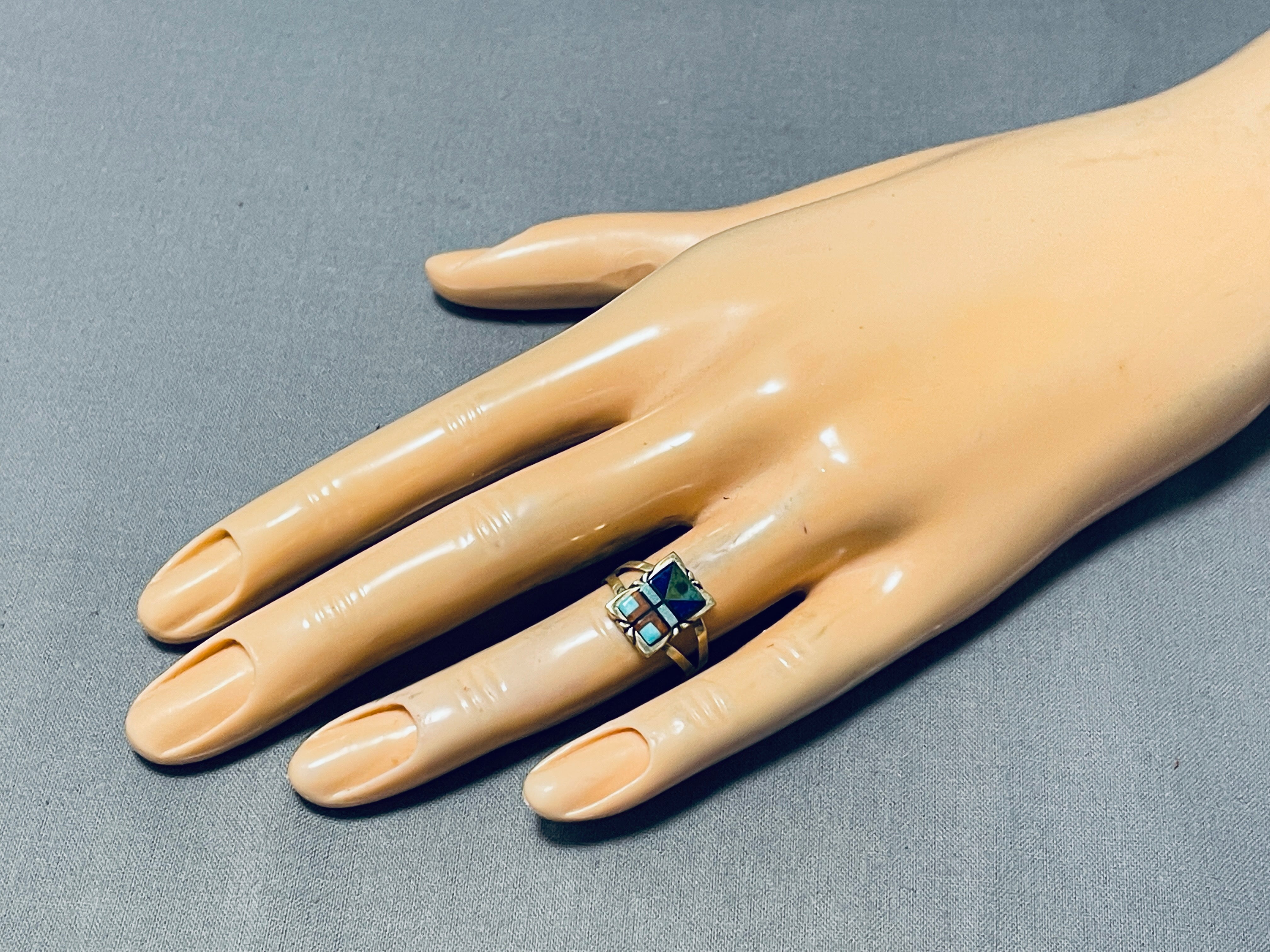 14K Gold Vintage Signed Navajo Turquoise Inlay Ring - Authentic Native American Jewelry for Women, Handmade Southwest Style, Perfect for Boho Fashion & Special Occasions