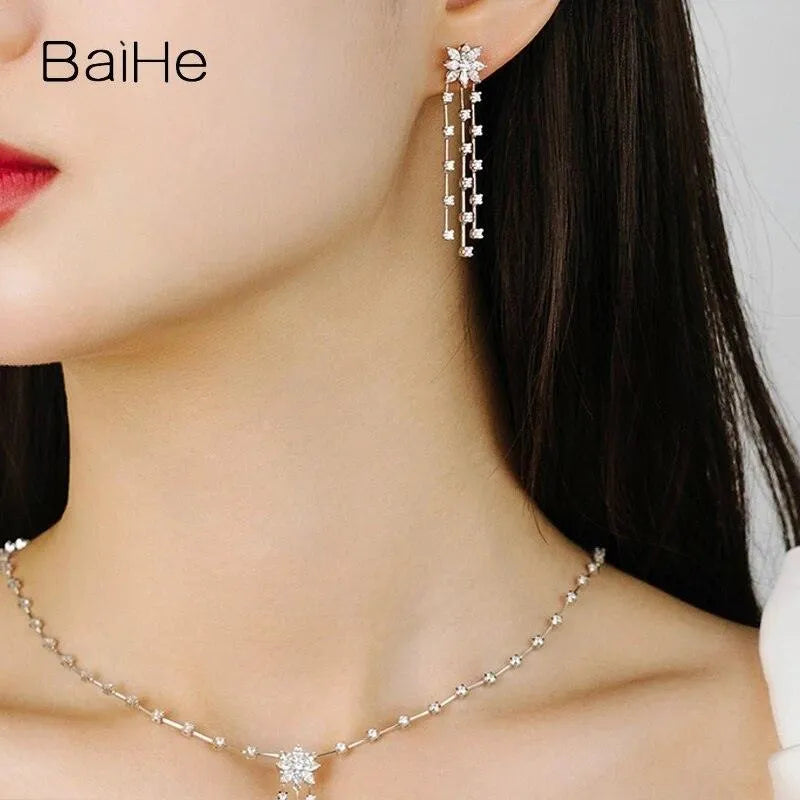 BAIHE 18K White Gold H/SI Natural Diamond Flower Stud Earrings for Women | Trendy Wedding & Party Jewelry | Elegant Floral Earrings for Everyday Wear & Special Occasions