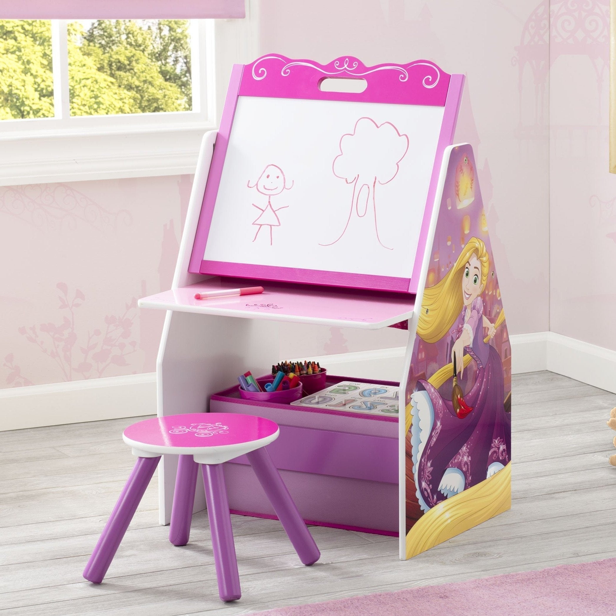 Princess Activity Center Easel Desk with Stool & Toy Organizer - Kids Art & Learning Station for Home & Preschool Playroom