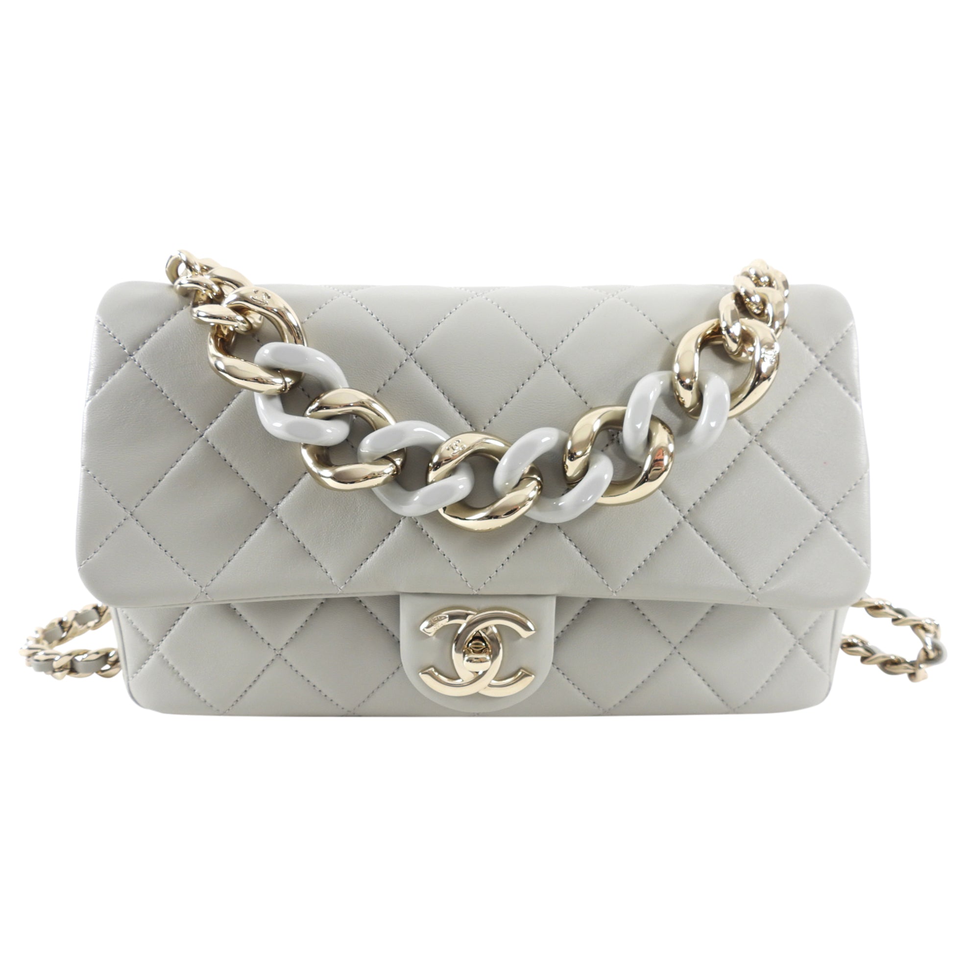 Chanel 22C Grey Leather Large Resin Bi-Color Chain Flap Bag - Luxury Designer Handbag for Women, Perfect for Parties, Work & Everyday Use