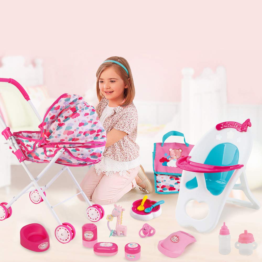 deAO Baby Doll Stroller Set with Nursery Accessories - High Chair, Play Mat, Travel Bag & Feeding Toys for Toddler Role Play | Perfect Gift for Girls | Pretend Play, Indoor Activities & Birthday Presents