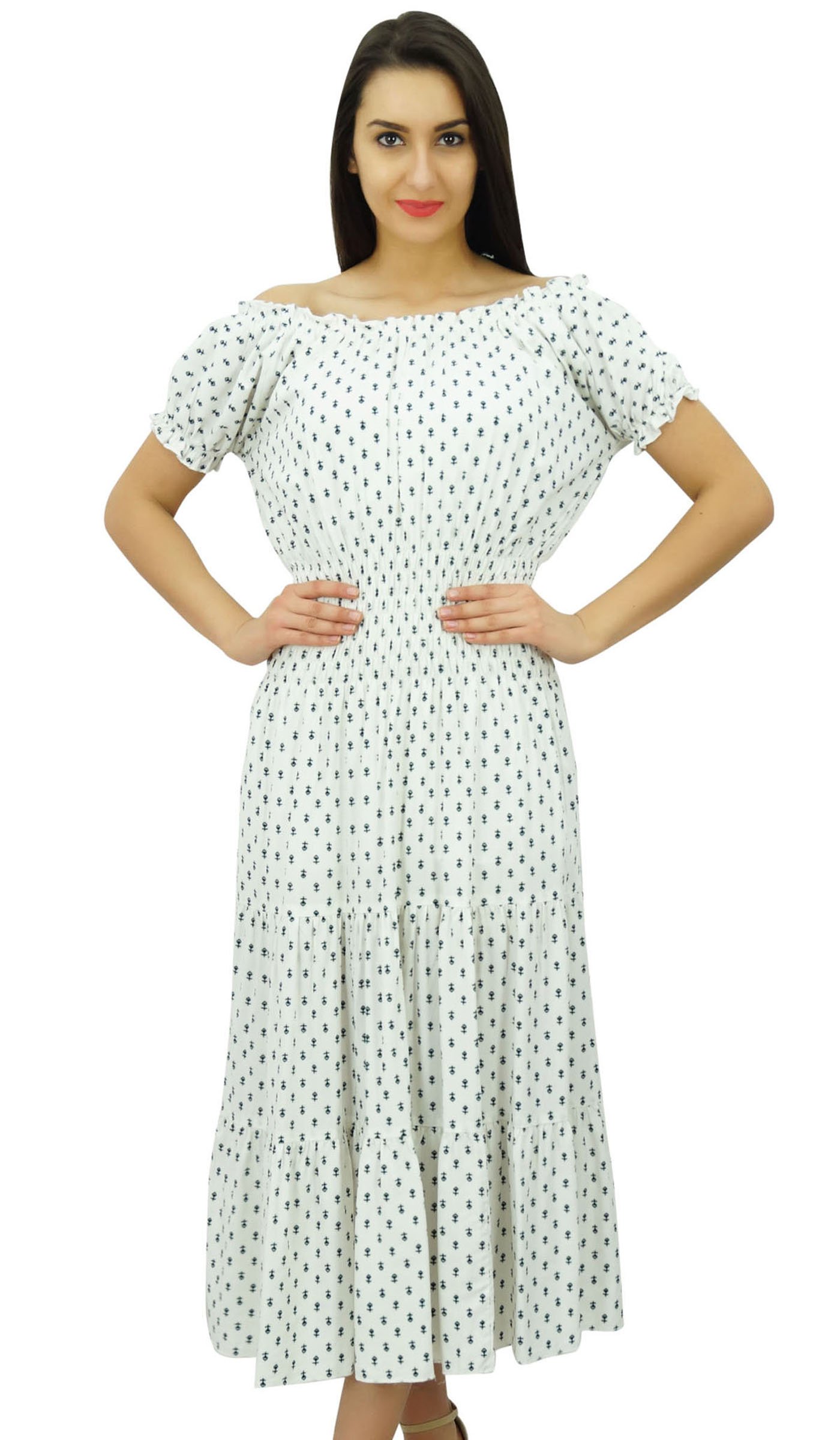 Bimba Women's Printed Off Shoulder Party Dress with Smocked Waist - Flared Maxi Dress for Weddings, Cocktail Parties & Summer Vacations