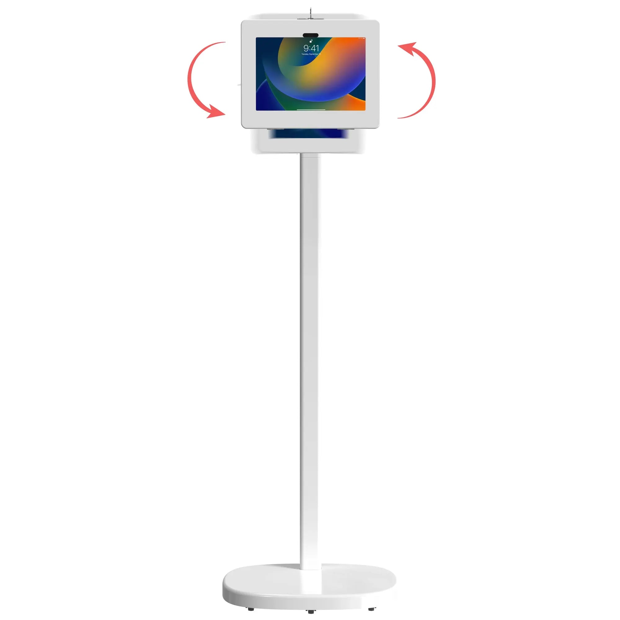 Adjustable Mobile Rolling Spring Floor Stand with Universal Security Enclosure - Perfect for Trade Shows, Retail Displays & Event Presentations
