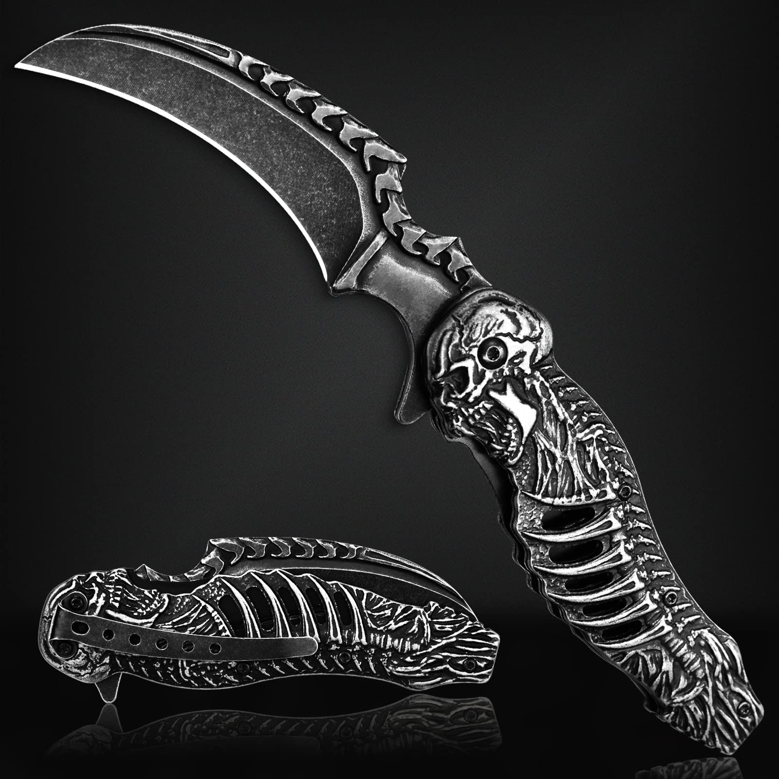VALHALLA REAPER Skull Pocket Knife - 3D Hollow-Out Tactical Folding Knife with Belt Clip | EDC Survival Tool for Men | Perfect for Outdoor Camping, Hiking, Hunting & Everyday Carry