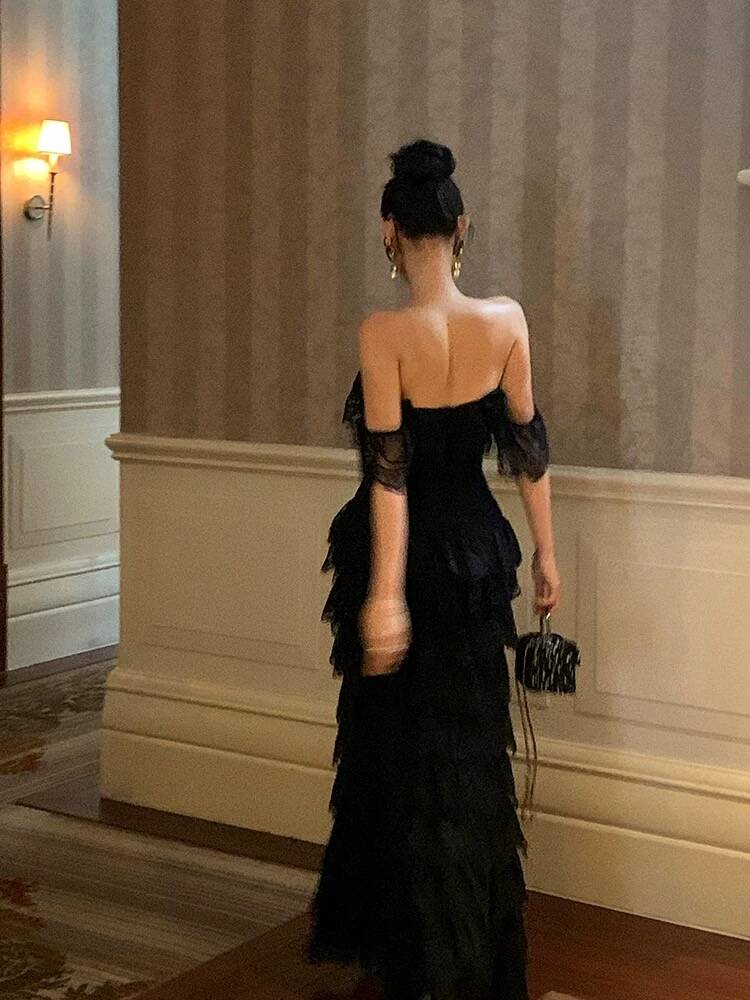 Elegant Off Shoulder Black Lace Prom Dress with High Slit - Formal Evening Gown J4793 for Homecoming, Wedding Guest & Special Occasions