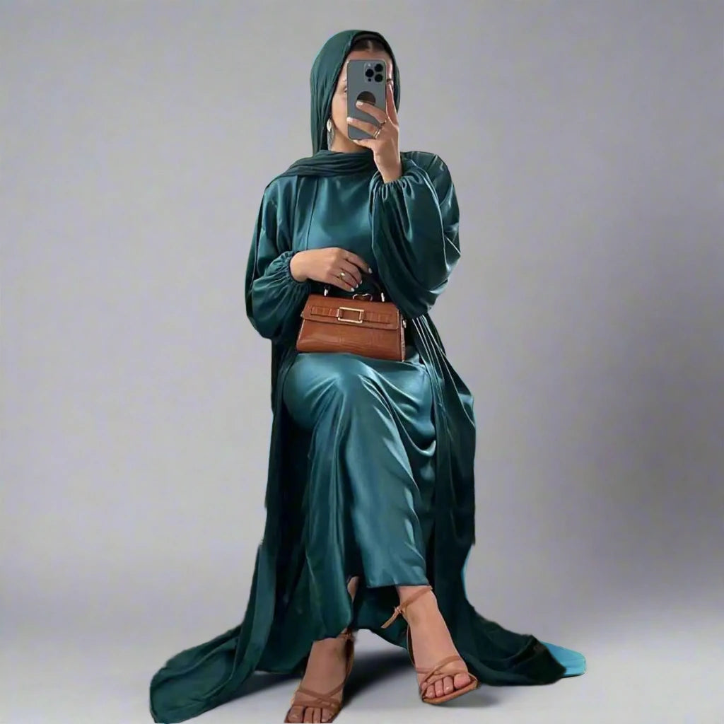 2-Piece Satin Muslim Women's Open Abaya Dress Set with Inner Sleeveless Dress - Modest Islamic Fashion for Prayer, Eid & Special Occasions