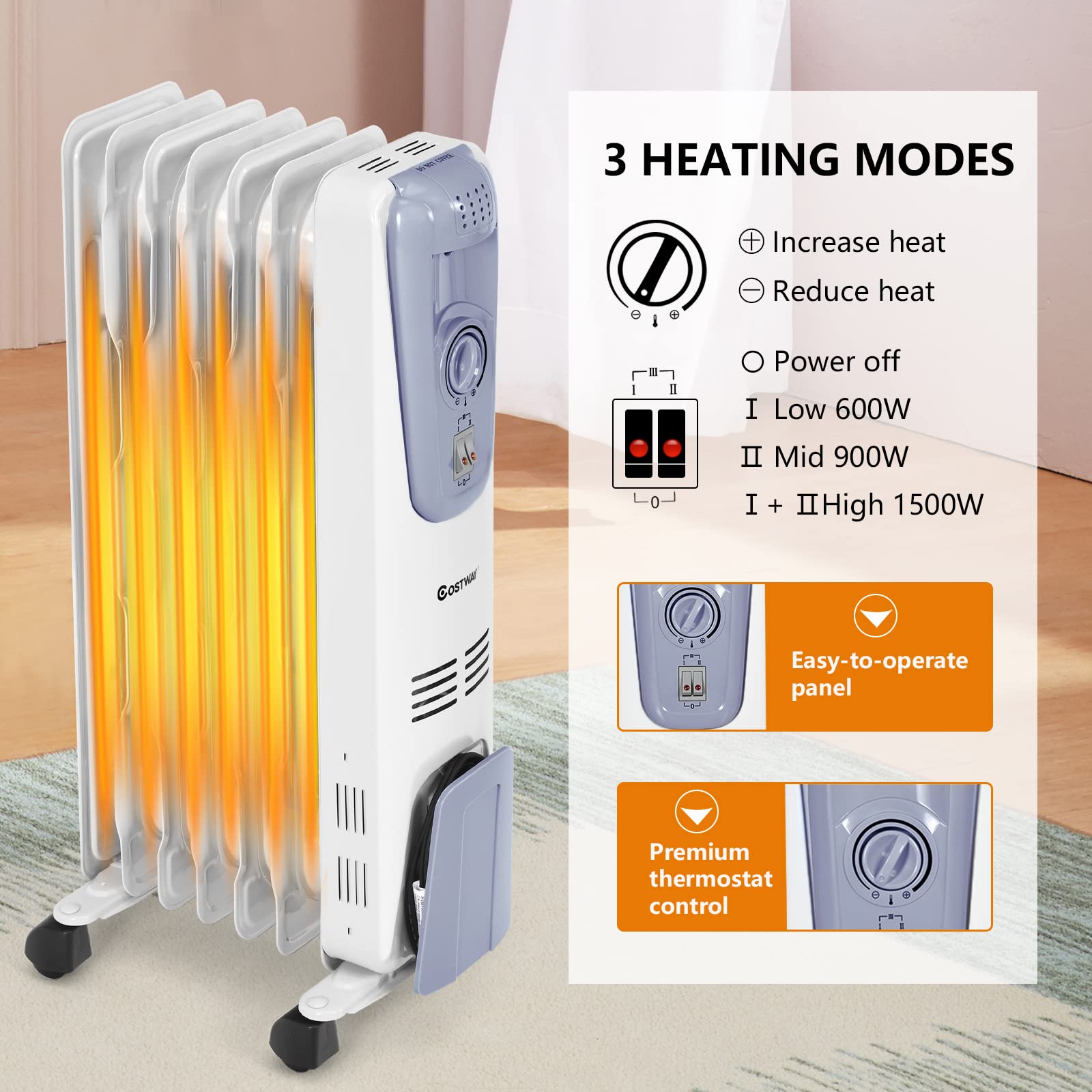 COSTWAY 1500W Oil Filled Radiator Heater - Portable Electric Space Heater with Adjustable Thermostat, 3 Heat Settings, Overheat & Tip-Over Protection - Perfect for Bedroom, Office & Indoor Use (25