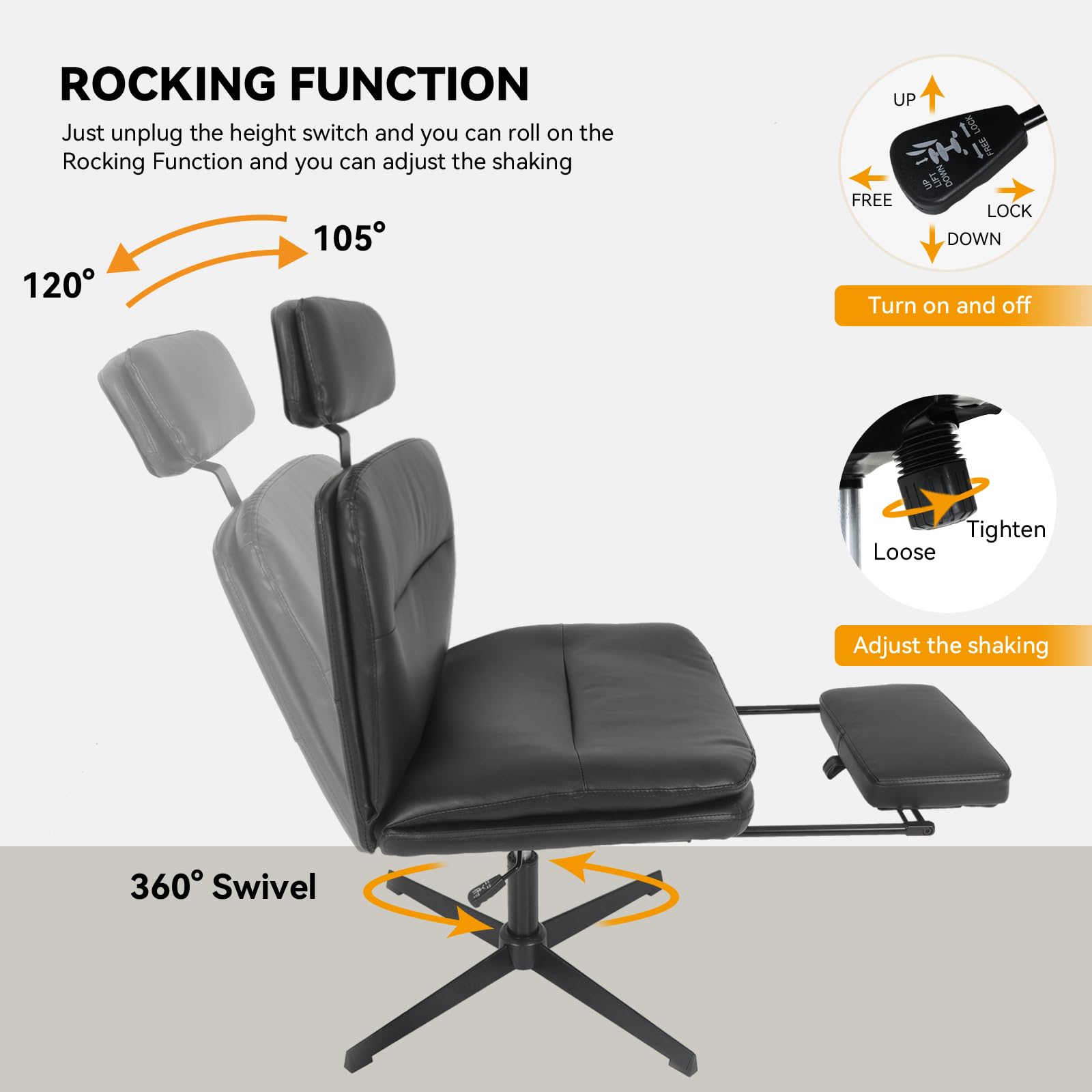 ELECWISH Criss Cross Office Chair - Armless Cross-Legged Desk Chair Without Wheels, PU Leather Ergonomic Home Office Chair with Wide Padded Seat, Headrest & Footrest - Perfect for Small Spaces, Bedroom, Living Room & Home Office (Black)