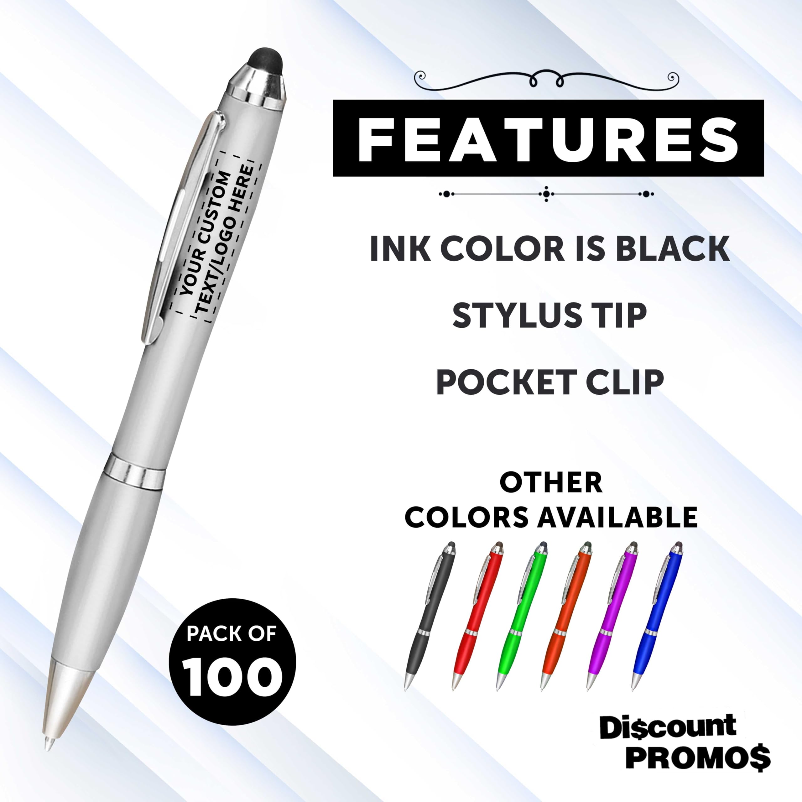 Custom Plastic Stylus Pens - Bulk Pack of 100 with Black Ink | Personalized Promotional Pens for Office, School & Business | Ideal for Tradeshows, Events & Giveaways | Silver Barrel Design