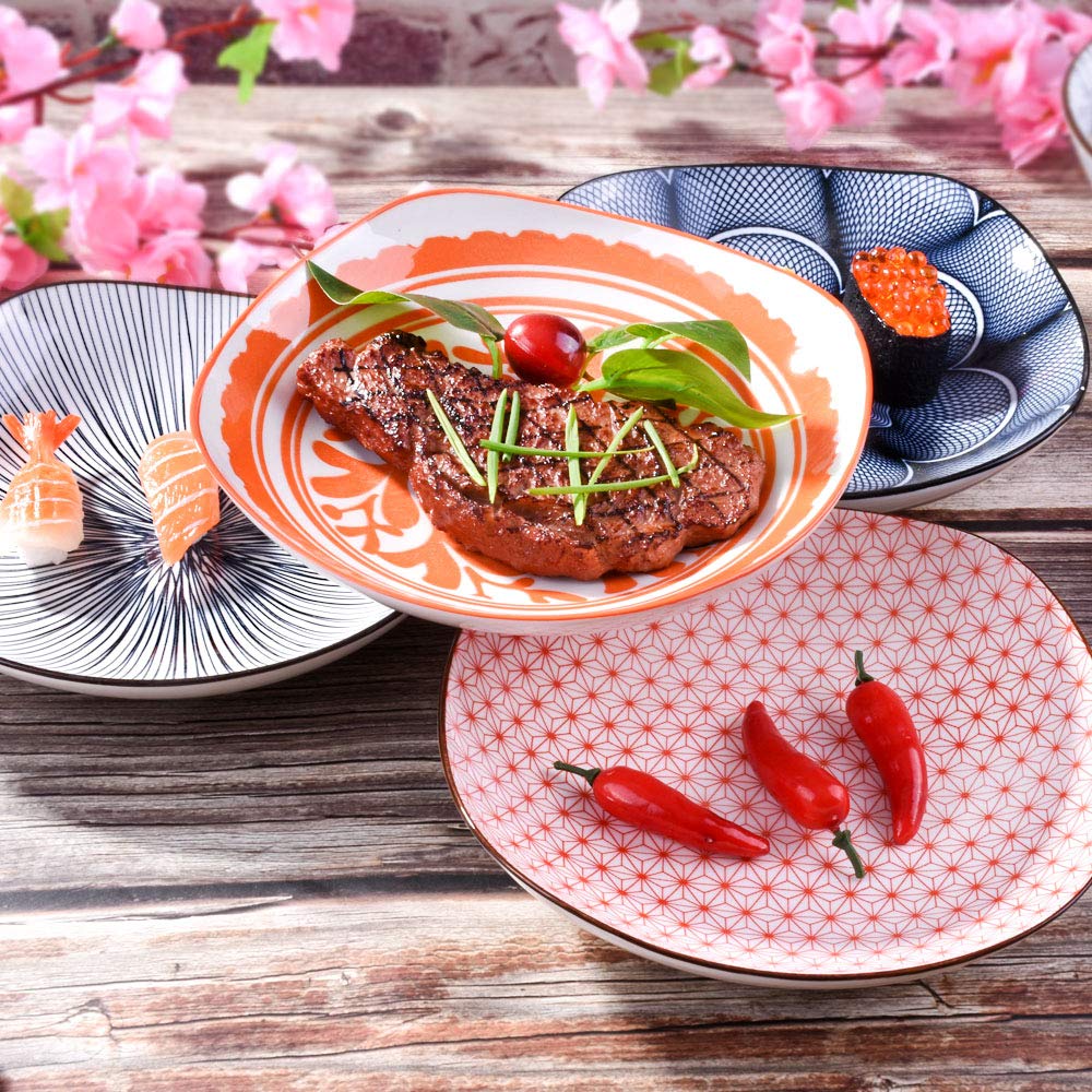 8 Inch Porcelain Dinner Plate Set of 4 - Large Japanese Style Square Ceramic Plates with Red & Black Patterns - Perfect for Appetizers, Sushi, Tapas, and Home Decor