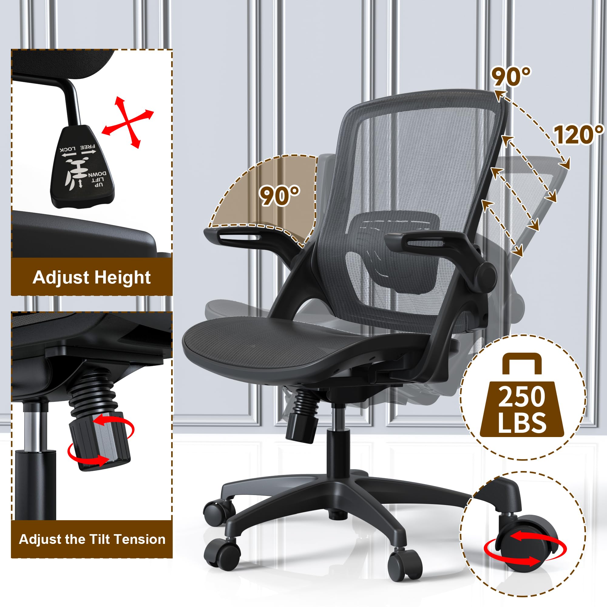 KOLLIEE Ergonomic Mesh Office Chair with Adjustable Lumbar Support & Flip-Up Arms - Breathable Swivel Computer Desk Chair for Home Office, Gaming & Workspace - Black